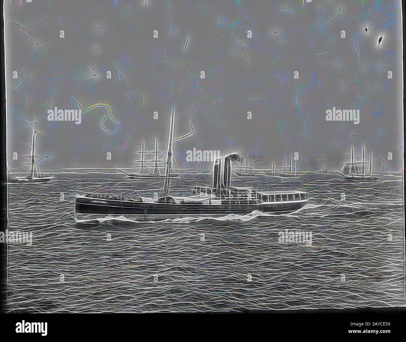 Ein Dampfschiff gleitet durch das Wasser und hinterlässt eine nachfolgende Spur, während es neben anderen Schiffen in der Ferne navigiert und die geschäftige maritime Aktivität der Epoche zeigt. Lantern Slide - Port Phillip, Victoria, Date Unknown, Schwarzweiß-Bild eines Dampfers, der über Port Phillip fährt, der darauf achtet, die vielen in der Bucht verankerten Segelschiffe zu meiden, fotografiert von A.J. Campbell. Eine von vielen, die die A.J. Campbell Collection im Museum Victoria bilden, klassische Kunst mit einem modernen Touch, neu interpretiert von Artotop Stockfoto
