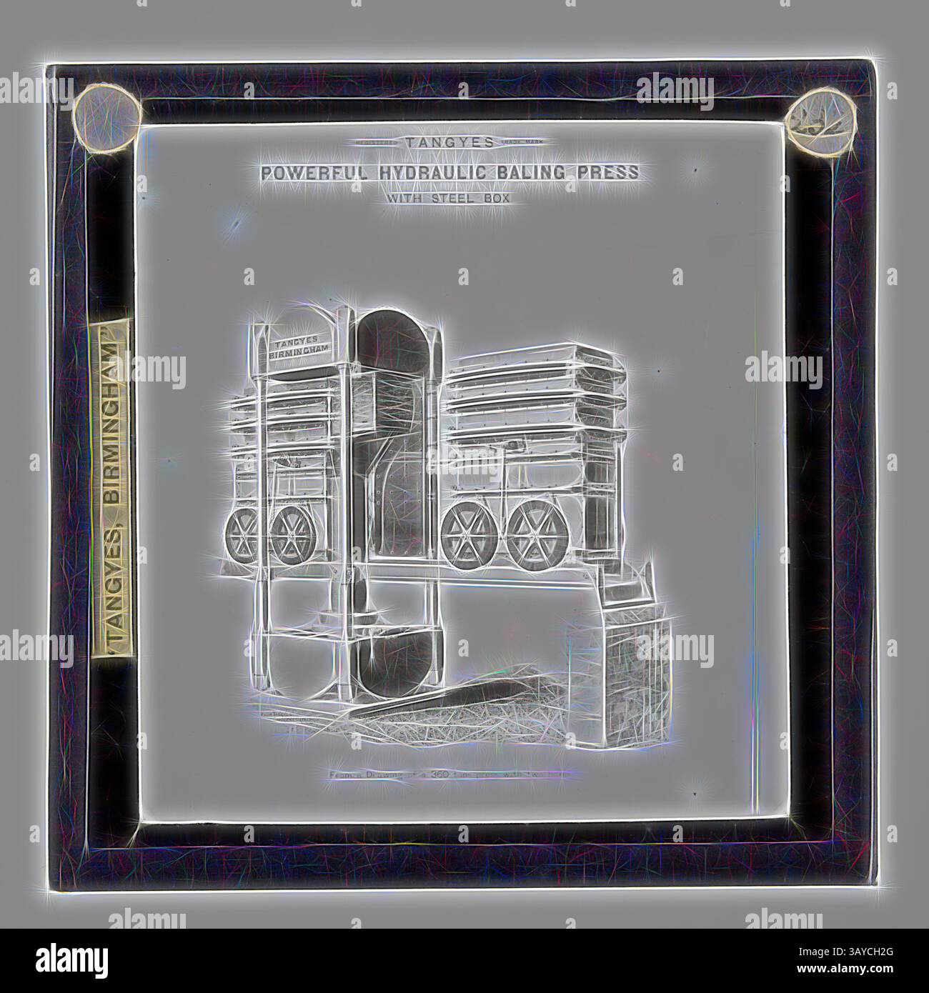 Eine Abbildung einer robusten hydraulischen Ballenpresse mit Stahlkasten und detaillierten Designelementen, die durch komplexe Linien und Strukturen hervorgehoben werden. Das Stück ist gerahmt und beschriftet, was sein industrielles Design und seine Funktionalität unterstreicht., Lantern Slide - Tangyes Ltd, Balling Press, um 1910, eine von 239 Glaslaternen-Folien, die Produkte darstellen, die von Ingenieuren von Tangyes Limited aus Birmingham, England, hergestellt wurden. Die Bilder umfassen verschiedene Produkte wie Motoren, Kreiselpumpen, Hydraulikpumpen, Gasproduzenten, Materialprüfmaschinen, Pressen, Werkzeugmaschinen, Hydraulikheber usw. Tangyes war ein Stockfoto