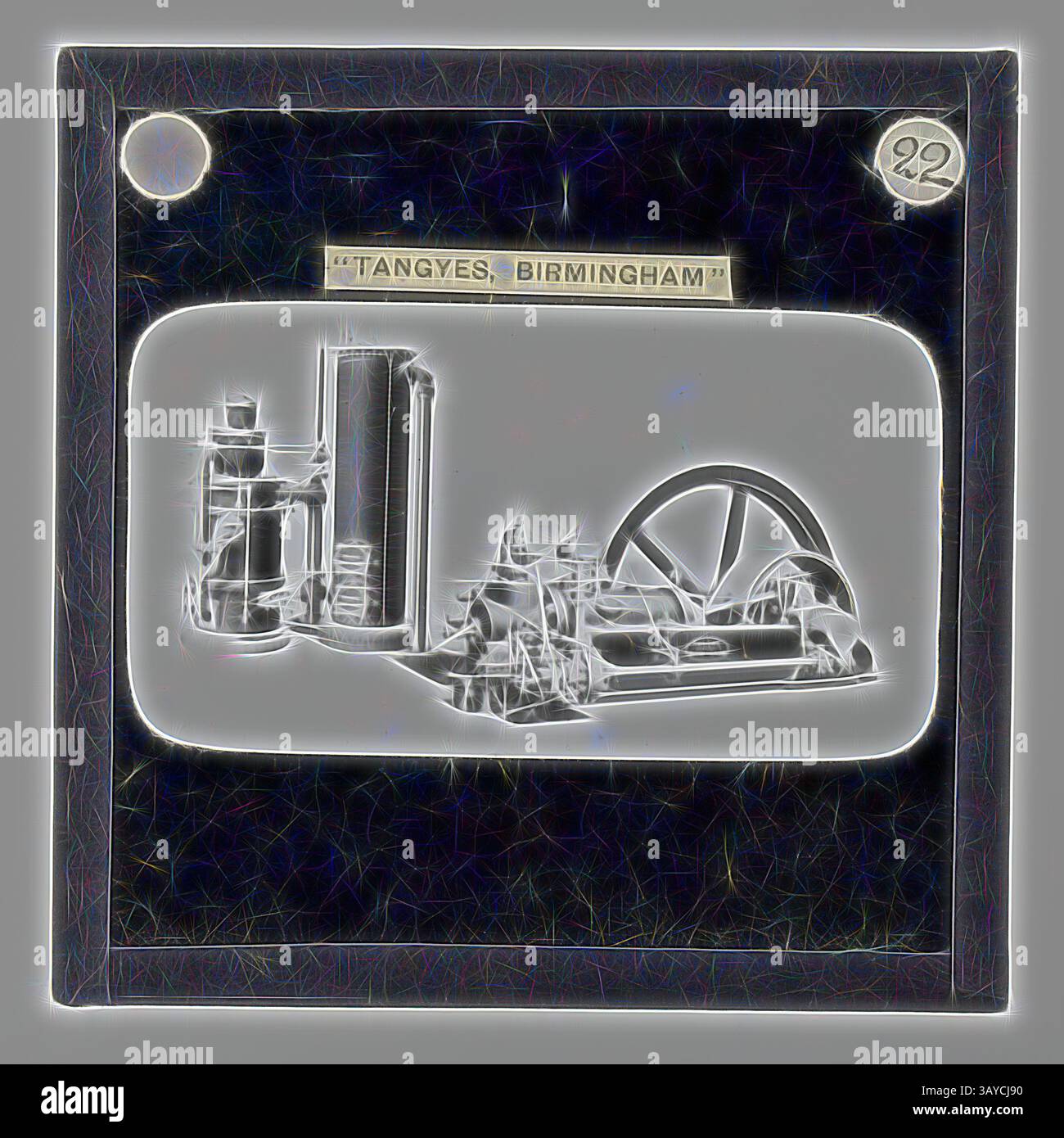 Eine historische Ausstellung mit Maschinen und Industrieanlagen mit der Aufschrift „Tangyes, Birmingham“. Die Szene veranschaulicht die Bedeutung der Ingenieurskunst in der Region, mit einem Schwerpunkt auf Zahnrädern und Werkzeugen, die für die Fertigungszeit repräsentativ sind. Lantern Slide - Tangyes Ltd, Gas Engine & Suction Gas Producer, um 1910, eine von 239 Glaslaternen-Folien, die Produkte von Tangyes Limited Engineers aus Birmingham, England, darstellen. Die Bilder umfassen verschiedene Produkte wie Motoren, Kreiselpumpen, Hydraulikpumpen, Gasproduzenten, Materialprüfmaschinen, Pressen, Werkzeugmaschinen, Hydraulik Stockfoto