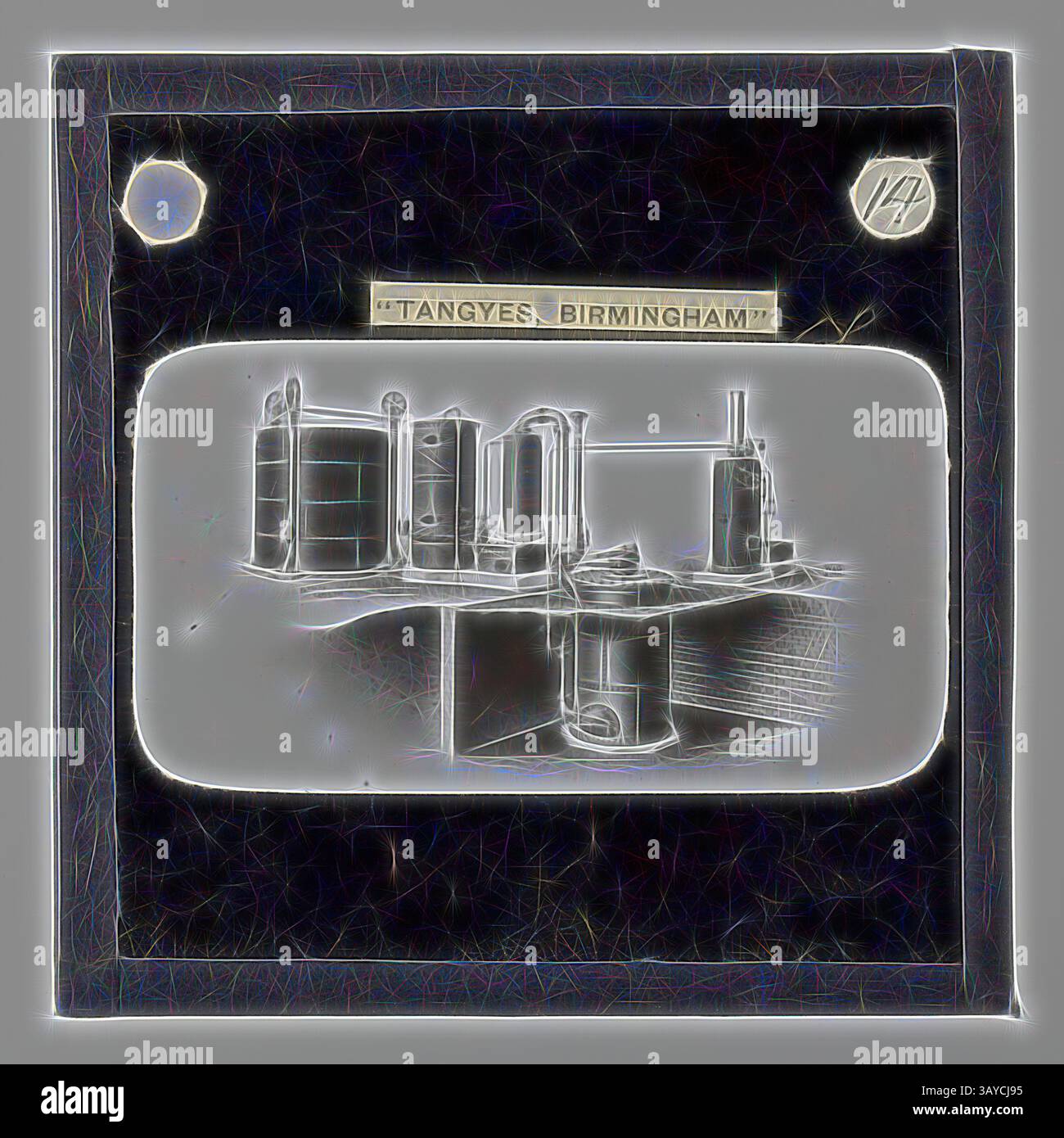 Eine historische Ausstellung von Industriemaschinen und -Geräten, gekennzeichnet mit dem Namen „Tangyes, Birmingham“, zeigt das Wesen des Ingenieurskampfs und der Herstellung., Lantern Slide - Tangyes Ltd, Gas Producer Plant, ca. 1910, eine von 239 Glaslaternen-Folien, die Produkte darstellen, die von Ingenieuren von Tangyes Limited aus Birmingham, England, hergestellt wurden. Die Bilder umfassen verschiedene Produkte wie Motoren, Kreiselpumpen, Hydraulikpumpen, Gasproduzenten, Materialprüfmaschinen, Pressen, Werkzeugmaschinen, Hydraulikheber usw. Tangyes war ein Unternehmen, das von 1857 bis 1957 operierte. Sie produzierten einen Stockfoto