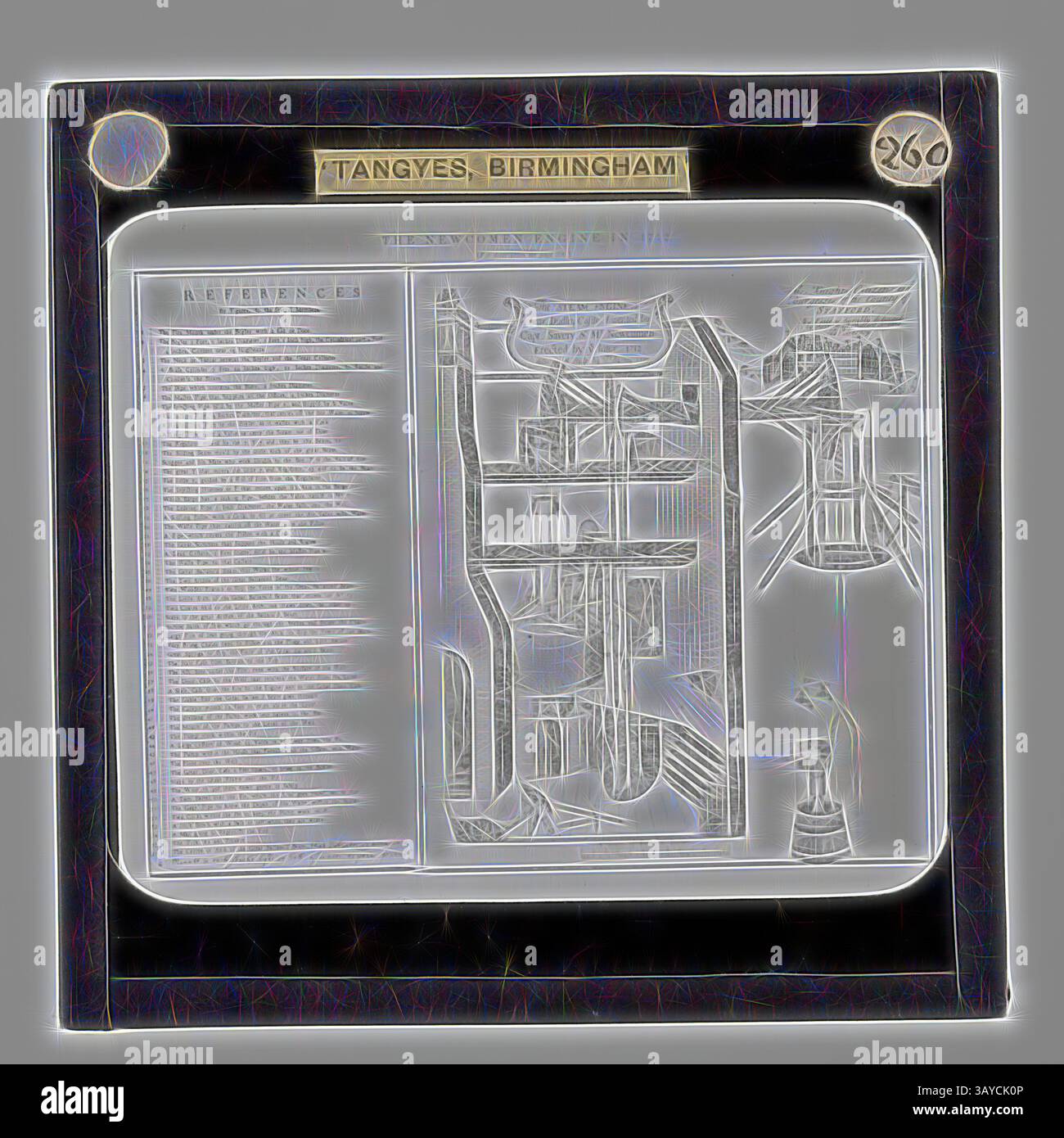 Eine komplizierte Illustration, die ein detailliertes Layout eines Gebäudes oder einer Struktur zeigt, begleitet von Text mit Referenzen oder Beschreibungen, hervorgehoben durch einen dekorativen Rahmen., Lantern Slide - Tangyes Ltd, Newcomen's Engine Diagram, ca. 1910, eine von 239 Glaslaternen-Folien, die Produkte darstellen, die von den Ingenieuren von Tangyes Limited aus Birmingham, England, hergestellt wurden. Die Bilder umfassen verschiedene Produkte wie Motoren, Kreiselpumpen, Hydraulikpumpen, Gasproduzenten, Materialprüfmaschinen, Pressen, Werkzeugmaschinen, Hydraulikheber usw. Tangyes war ein Unternehmen, das von 1857 bis 1957 operierte. Sie Stockfoto