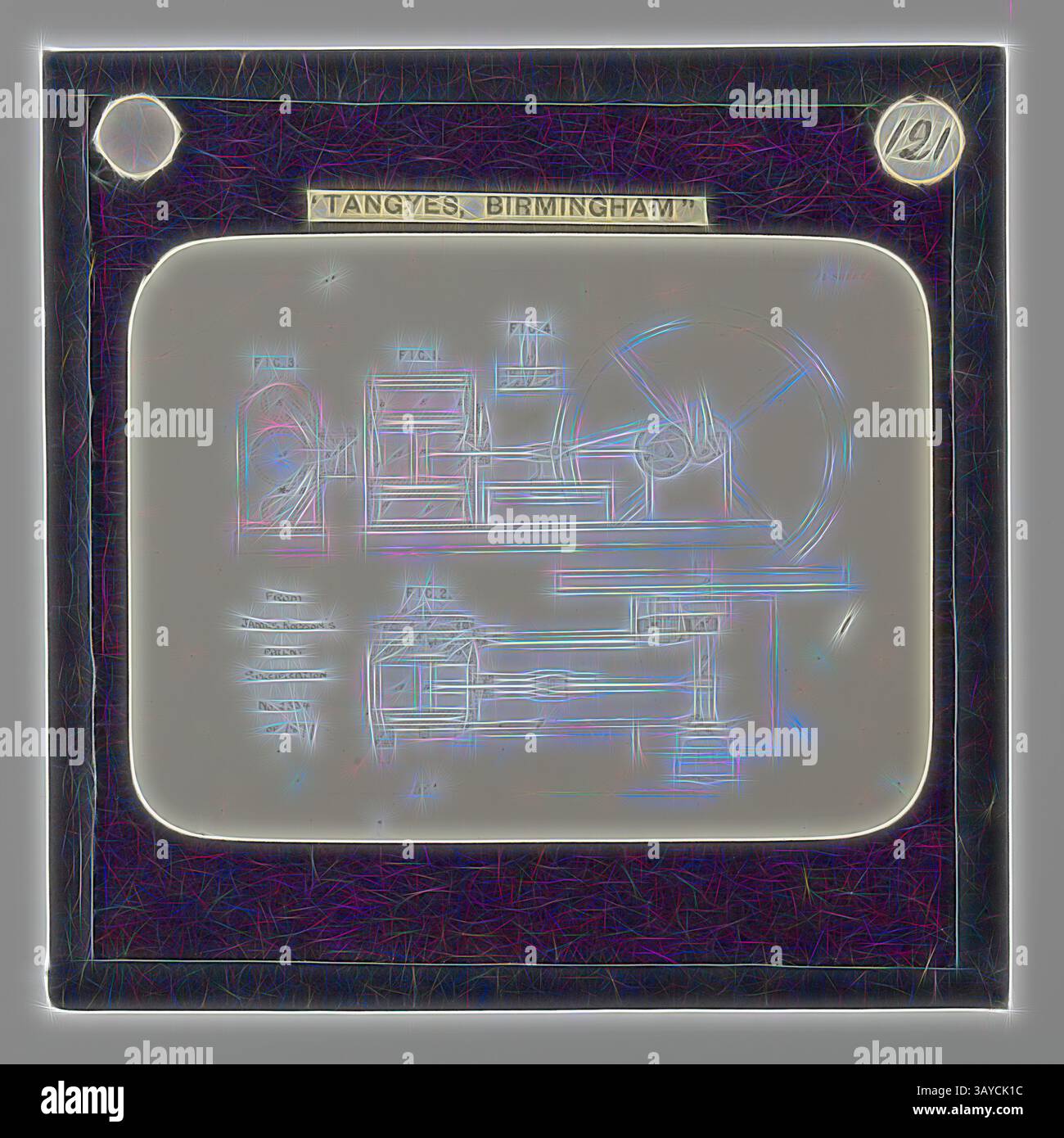 Eine technische Zeichnung, in der Maschinenkomponenten und deren Layout dargestellt sind, mit speziellen Referenzen und Anmerkungen gekennzeichnet. Das Design hebt verschiedene Teile hervor und betont die komplizierten Details der betroffenen Maschinen., Lantern Slide - Tangyes Ltd, Robson Gas Engine Diagram, 1877, eine von 239 Glaslaternen-Folien, die Produkte darstellen, die von Ingenieuren von Tangyes Limited aus Birmingham, England, hergestellt wurden. Die Bilder umfassen verschiedene Produkte wie Motoren, Kreiselpumpen, Hydraulikpumpen, Gasproduzenten, Materialprüfmaschinen, Pressen, Werkzeugmaschinen, Hydraulikheber usw. Tangyes war eine Firma Stockfoto