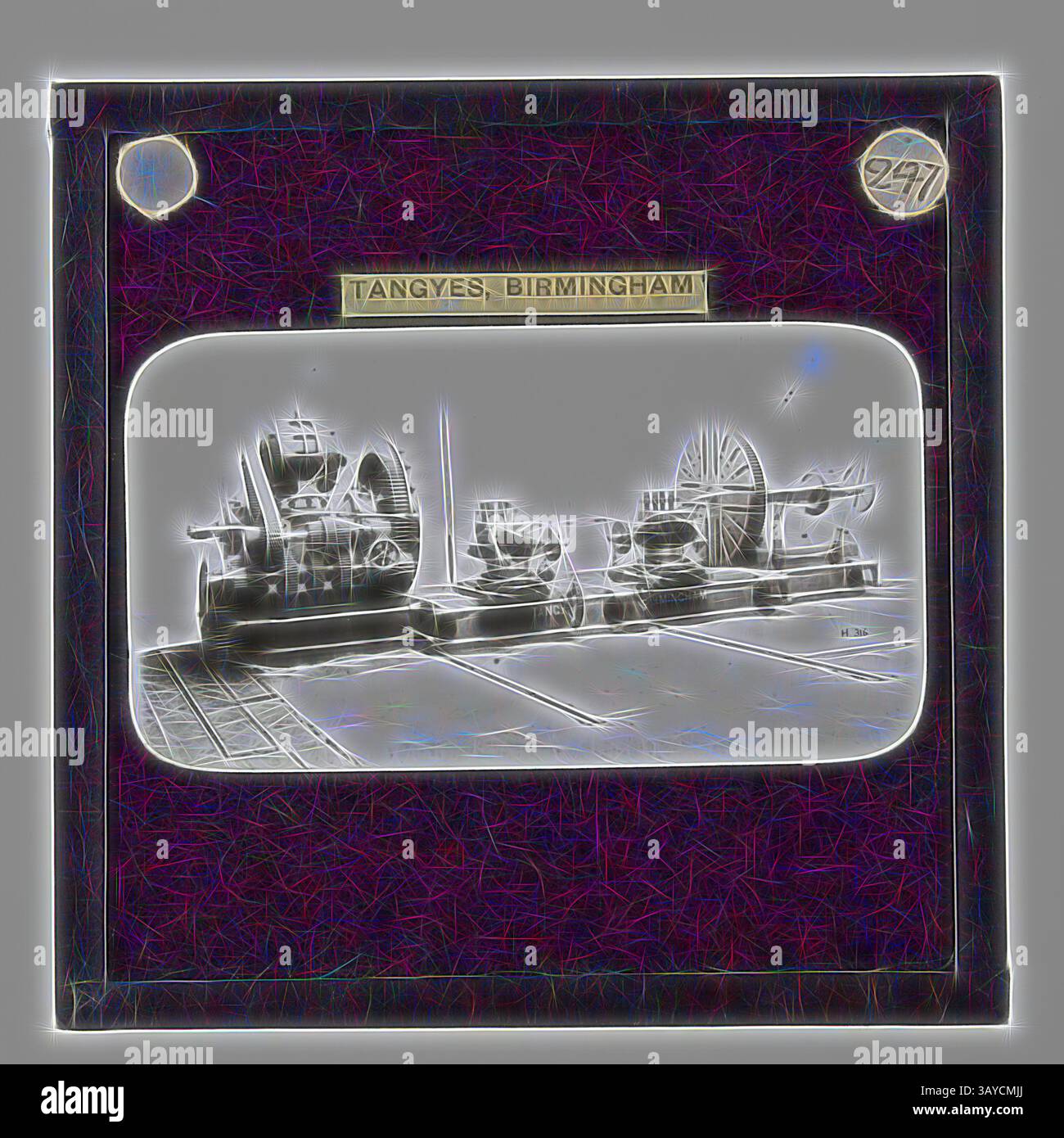 Eine historische Ausstellung von Industriemaschinen mit verschiedenen Ausrüstungen, die auf eine Fabrikumgebung hindeuten, mit detaillierten Texturen und Abmessungen, die die Technik der Vergangenheit hervorheben., Lantern Slide - Tangyes Ltd, Wheel Lathe, um 1910, eine von 239 Glaslaternen-Folien, die Produkte darstellen, die von Ingenieuren von Tangyes Limited aus Birmingham, England, hergestellt wurden. Die Bilder umfassen verschiedene Produkte wie Motoren, Kreiselpumpen, Hydraulikpumpen, Gasproduzenten, Materialprüfmaschinen, Pressen, Werkzeugmaschinen, Hydraulikheber usw. Tangyes war ein Unternehmen, das von 1857 bis 1957 operierte. Sie Stockfoto