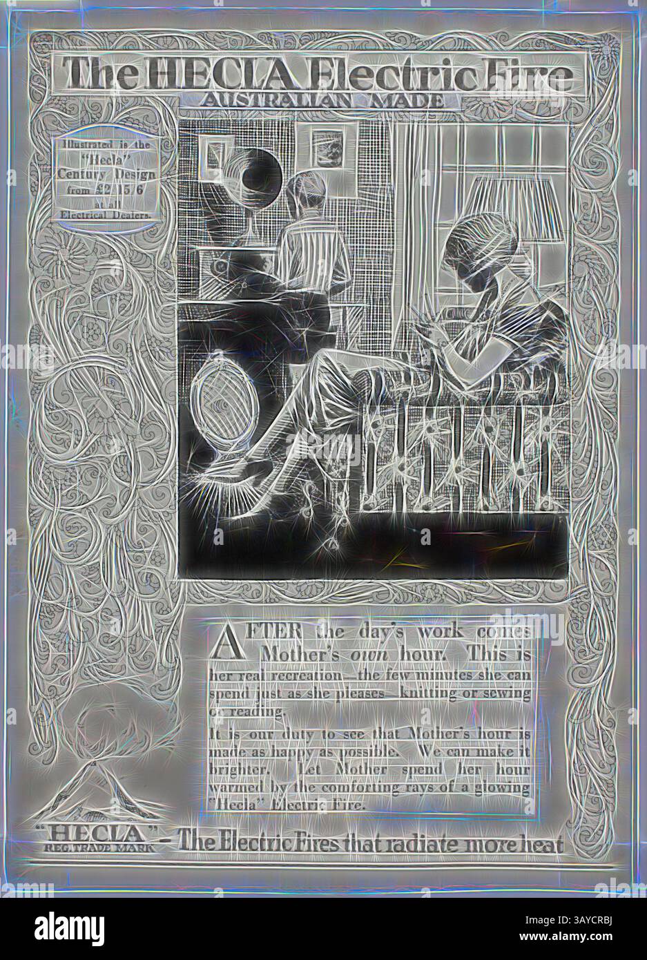 Ein Vintage-Werbespot für das Hecia Electric Fire, das eine gemütliche Umgebung zeigt, in der sich eine Frau nach einem langen Tag entspannt. Das Design ist mit kunstvollen Rändern versehen und unterstreicht die Attraktivität des Produkts als Quelle von Wärme und Komfort im Haus., Faltblatt - Hecla Electrics Pty Ltd, Modell für „Electric Fires“-Werbung mit Lounge Room Scene & Hecla Volcano Logo, ca. 1920er Jahre, Stifte und Tinte Mock-up der Werbung für Hecla Electrics Pty Ltd elektrische Heizung, mit dem Hecla Volcano Logo in der unteren linken Ecke um 1920er Jahre Die Wärme aus seiner Lava sollte die Wärme, die aus der Lava fließt, bedeuten Stockfoto