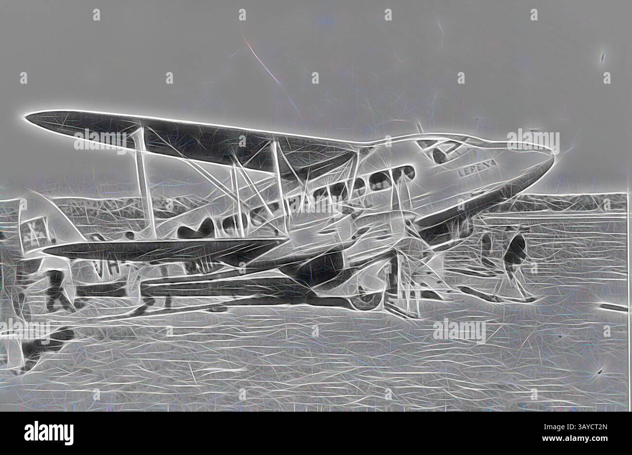 Auf dem Rollfeld befindet sich ein Oldtimer-Flugzeug, dessen Besatzungsmitglieder sich um das Flugzeug kümmern. Das Design besticht durch besondere Retro-Elemente, die einen klassischen Flugzeugstil zeigen. Negativ - Australian National Airways (ANA) DH86, Duntroon, Australian Capital Territory, Januar 1937, „Lepena“, eine DH86, die von ANA (Holyman Brothers) auf der Strecke Melbourne–Sydney am Duntroon Airport im Australian Capital Territory betrieben wird. Registriert VH-USW., Klassische Kunst mit modernem Touch, neu interpretiert von Artotop Stockfoto