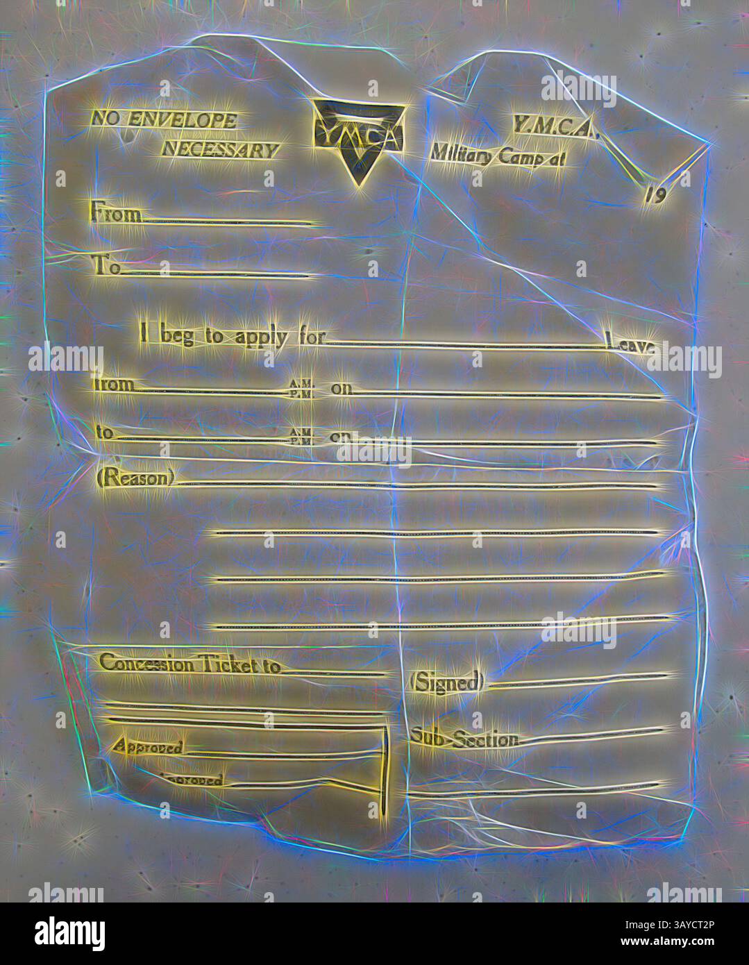 Ein zerknittertes Formular aus dem YMCA, mit Feldern für Absenderinformationen, Zweck des Urlaubs und einer Unterschriftenzeile, mit einem prominenten Logo und dem Jahr oben notiert., Urlaubsantrag - YMCA Military Camp, 1. Weltkrieg, 1916-1918, Formular für den freien Urlaub, ausgestellt von einem YMCA Military Camp. Laut einem artikel im Queenslander „kontrollierte“ die australische YMCA am 1. März 1919 26 Gebäude in England. Dazu gehörte ein YMCA-Militärlager in Greenhill House im englischen Dorf Sutton Veny. Das Antragsformular wurde vom Museum Victoria in einer Sammlung von Gegenständen erworben Stockfoto