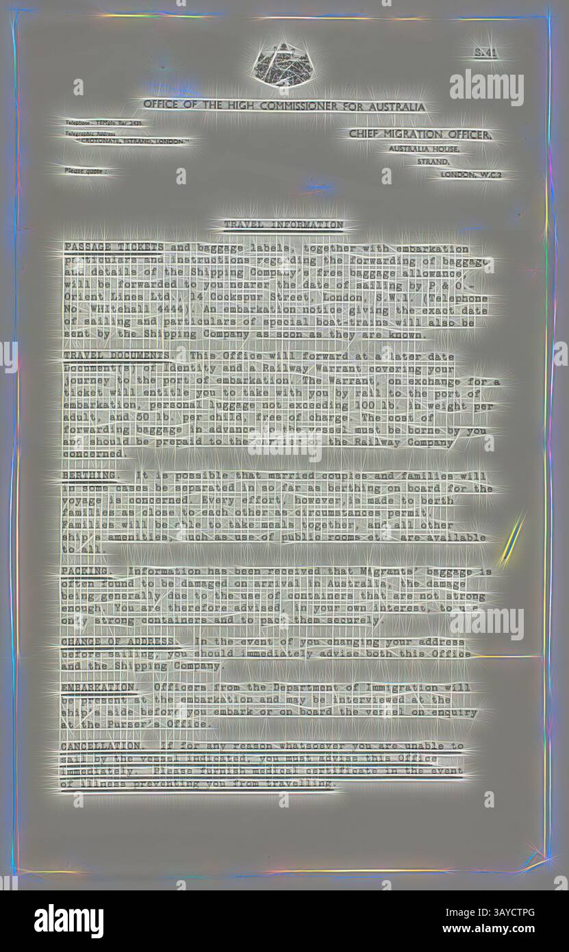Ein offizielles Dokument des Amtes des Hohen Kommissars für Australien, in dem Reiseinformationen und Anweisungen zu Einwanderungsfragen aufgeführt sind. Der Text enthält wichtige Leitlinien für Passinhaber und Reiseverfahren., Letter - Ship Travel Information, Myerscough, 1963, Schreiben des Amtes des Hohen Kommissars für Australien über Reiseinformationen wie Passtickets, Reisedokumente, Liegeplätze, Verpackung, Adressänderung, und Einschiffung. Der Brief war Teil des Antrags- und Annahmeverfahrens für die Myerscough's, um von England nach Australien zu migrieren Stockfoto