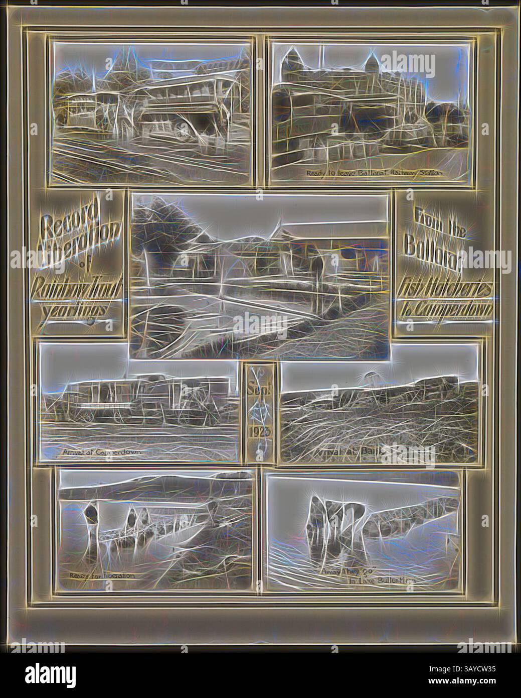 Eine Sammlung künstlerischer Darstellungen historischer Lokomotiven und Eisenbahnszenen, die verschiedene Züge und Brücken sowie den Text zeigen, der die Bedeutung der Eisenbahnindustrie und ihre Beiträge zum Verkehr unterstreicht. Die Entwürfe verbinden komplizierte Linienarbeiten und stilisierte Elemente, die ein Gefühl von Nostalgie und Erbe wecken., gerahmte Fotografien - Befreiung von Regenbogenforellen-Jährlingen, Camperdown, September 1923, gerahmte Sammlung von Fotografien, die die „Record Liberation of Rainbow Foret Yearlings from the Ballarat Fish Brutereien to Camperdown“ feiern und aufnehmen, September 1923 Stockfoto