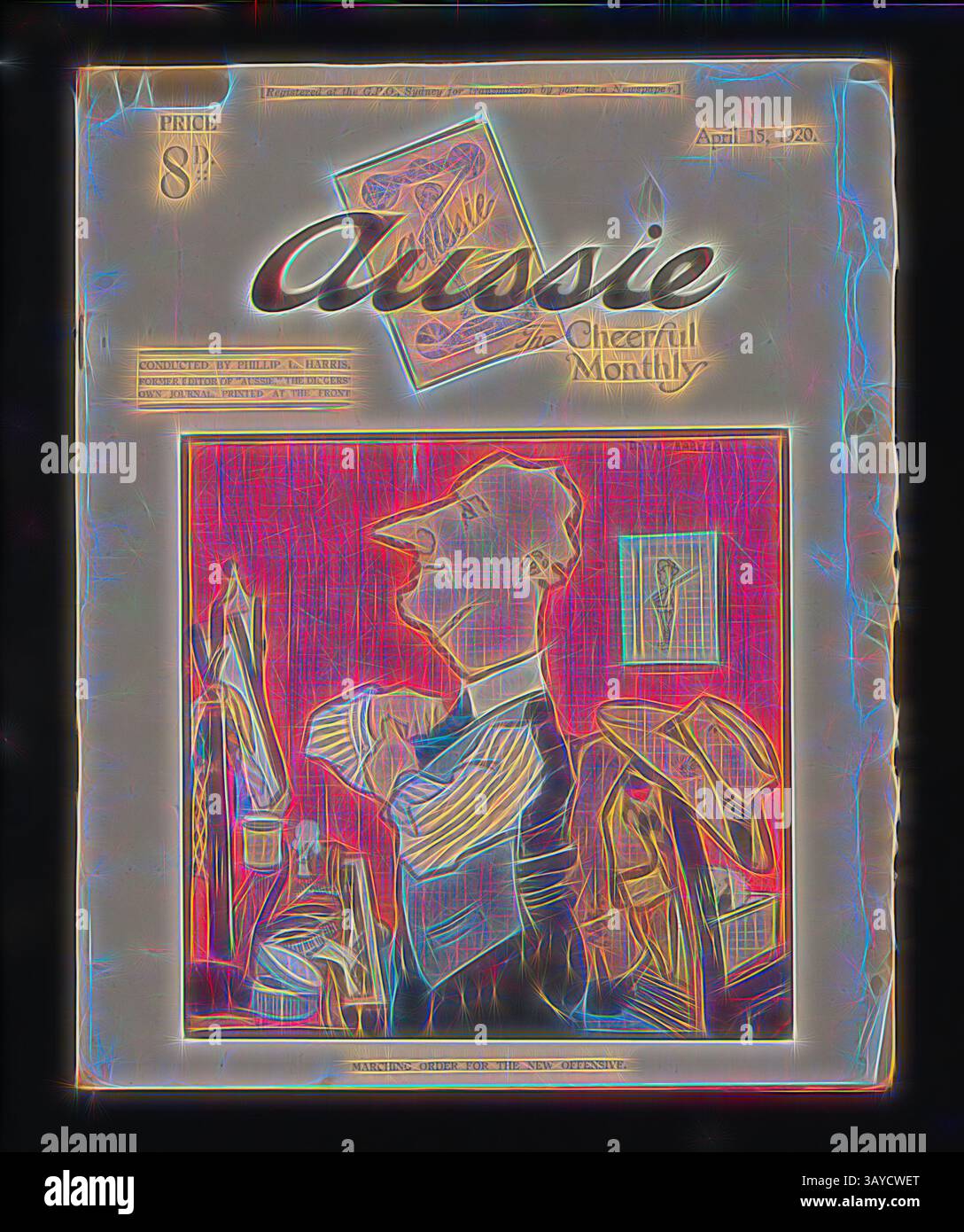 Ein skurriles Cover eines Vintage-Magazins mit dem Titel „Aussie“, mit einer skurrilen Figur im Anzug, umgeben von künstlerischen Elementen, die eine lebhafte Atmosphäre einfangen. Das Datum auf dem Cover weist auf den 15. April 1920 hin, was auf einen verspielten literarischen Charme aus jener Zeit hindeutet. Magazin - 'Aussie', Nr. 14, 15. April 1920, Ausgabe Nr. 14, April 1920 der Veröffentlichung aus der Zeit des Ersten Weltkriegs mit dem Titel „Aussie“, „The Cheerful Monthly“. Es war die erste Ausgabe mit farbigem Umschlag, die erste Ausgabe, die nicht vor Ort gedruckt wurde. Eine Sammlung von Exemplaren von „australischen“ Zeitschriften in der Sammlung des Museums Victoria vom 5. Juni 1918 bis 15 Stockfoto