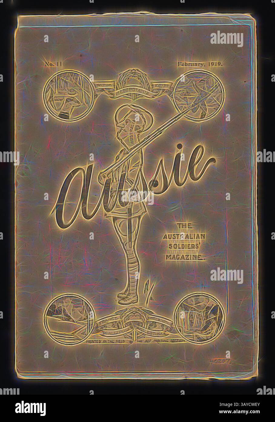 Ein Vintage-Magazin-Cover vom Februar 1919 mit dem Titel „Aussie“, das eine Illustration eines Soldaten in verspielter Pose zeigt, umgeben von kreisförmigen Emblemen. Das Design spiegelt militärische Themen wider und strahlt gleichzeitig ein Gefühl von Kameradschaft und Gemeinschaft unter australischen Soldaten aus., Magazin - 'Aussie', Nr. 11, Februar 1919, Ausgabe Nr. 11, Februar 1919, Veröffentlichung aus der Zeit des Ersten Weltkriegs mit dem Titel „Aussie“, „The Australian Soldiers“ Magazine. Wird im Feld vom AIF-Druckabschnitt gedruckt. Eine Sammlung von Exemplaren von „australischen“ Zeitschriften in der Sammlung des Museums Victoria vom 5. Juni 1918 bis 15. Januar 1929. „Australien“ ( Stockfoto