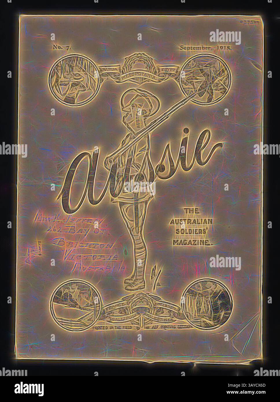 Ein Vintage-Magazin-Cover mit einer stilisierten Illustration eines Soldaten, der den Titel „Aussie“ und den Untertitel „The Australian Soldiers“ Magazine trägt. Das Design enthält komplizierte Details und lebendige Grafiken, die ein historisches Thema widerspiegeln, datiert vom September 1918., Magazin - „Aussie“, Nr. 7, September 1918, Ausgabe-Nr. Am 7. September 1918 erschien die Zeitschrift „Aussie“, „The Australian Soldiers“ Magazine. Wird im Feld vom AIF-Druckabschnitt gedruckt. Eine Sammlung von Exemplaren von „australischen“ Zeitschriften in der Sammlung des Museums Victoria vom 5. Juni 1918 bis 15 Stockfoto