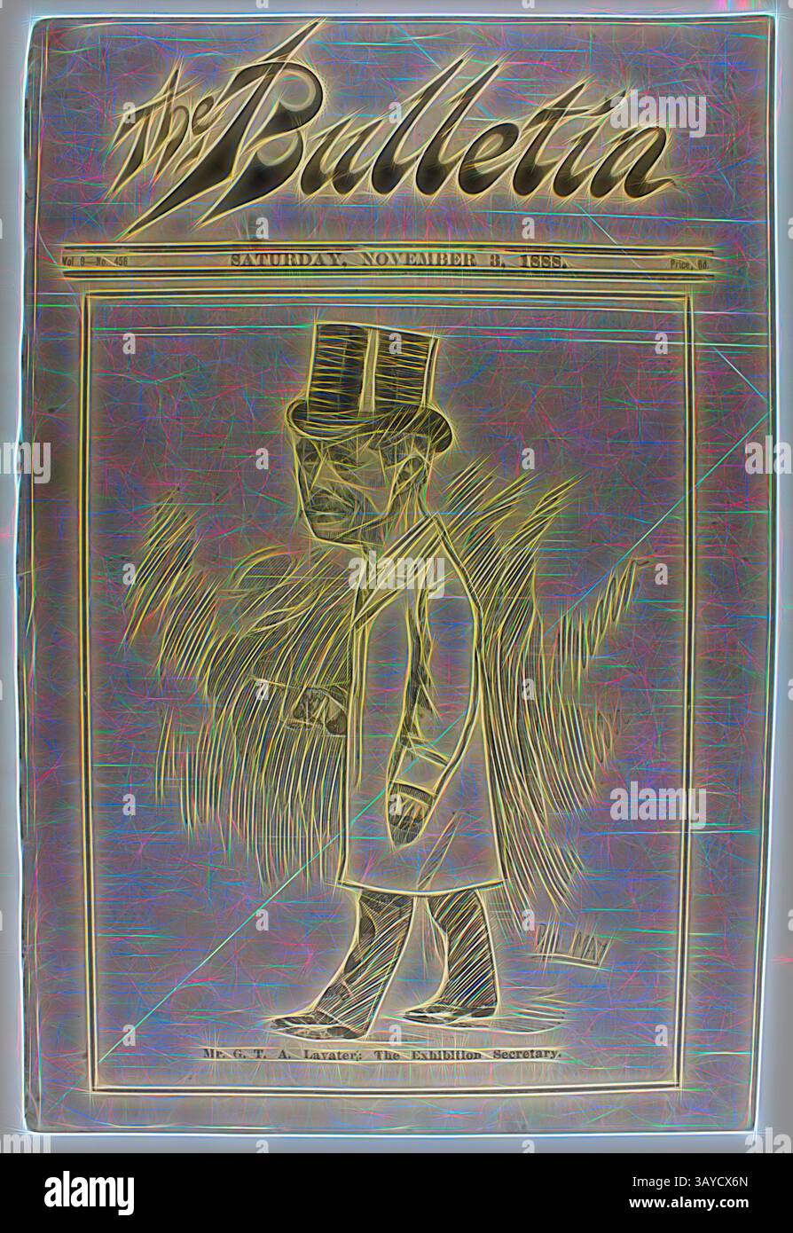 Ein altes Magazin-Cover mit einer Karikatur eines angesehenen Gentleman in einem hohen Hut und Mantel, umgeben von einer skurrilen Kulisse. Der Text nimmt das Datum und erwähnt eine bestimmte Person, die mit einer Ausstellung verbunden ist, und fügt einen historischen Kontext hinzu., Magazin - 'The Bulletin', mit Karikatur von Herrn G.T.A. Lavater, 3. November 1888, vollständige Ausgabe des Wochenmagazins 'The Bulletin', Samstag, 3. November 1888. Auf der Vorderseite befindet sich eine Karikatur von G.T.A. Lavater, Melbourne Centennial International Exhibition Secretary, von Phil May. In der Ausgabe befindet sich ein Cartoon mit dem Titel „die Frauen Stockfoto