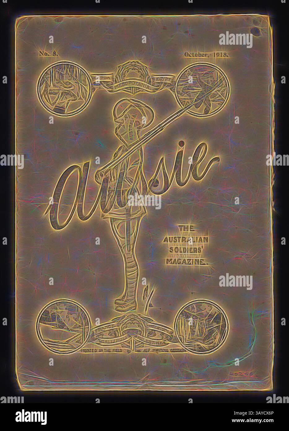 Ein Vintage-Magazin-Cover mit einem jungen Soldaten in verspielter Pose, der Gewichte hebt. Die umliegenden Illustrationen umfassen Szenen von Kameradschaft und Widerstandsfähigkeit, wobei der Titel „Aussie“, das Veröffentlichungsdatum Oktober 1918, und ein Untertitel, der seine Verbindung zu australischen Soldaten hervorhebt., Magazin - „Aussie“, Nr. 8, Oktober 1918, Ausgabe Nr. 8, Oktober 1918, Veröffentlichung aus der Zeit des Ersten Weltkriegs mit dem Titel „Aussie“, „The Australian Soldiers“ Magazine. Wird im Feld vom AIF-Druckabschnitt gedruckt. Eine Sammlung von Exemplaren von „australischen“ Zeitschriften im Museum Victoria's Stockfoto