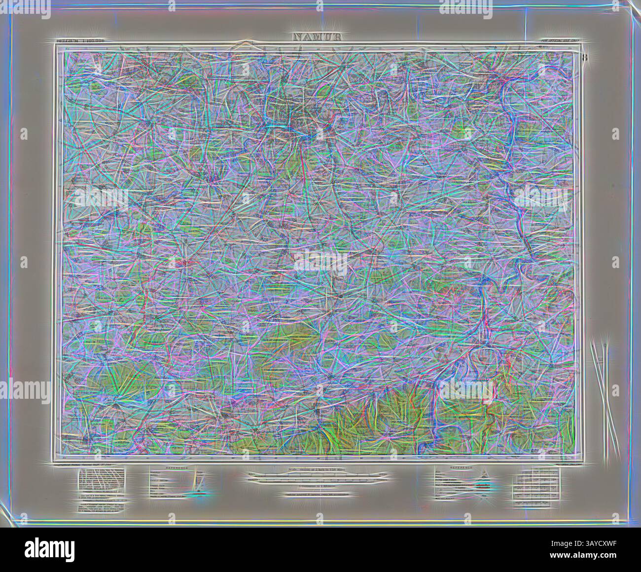 Eine detaillierte topografische Karte mit komplexen Linien und Mustern, die Geländemerkmale, Straßen und geografische Sehenswürdigkeiten darstellen. Die farbenfrohe Überlagerung hebt verschiedene Erhebungen und interessante Bereiche hervor und schafft eine lebendige visuelle Darstellung der Landschaft., Karte - Militär, Belgien, Namur 8, Generalstab Nr. 2364, Maßstab 1:100.000, 1. Weltkrieg, 1910, Militärkarte Belgiens, Gebiet Namur (eine handschriftliche Inschrift identifiziert es als Bezirk Namur 8), Maßstab 1:100.000, veröffentlicht 1910. Die Karte trägt die Bezeichnung General Staff Nr. 2364. Es wurde während des Ersten Weltkriegs verwendet Stockfoto