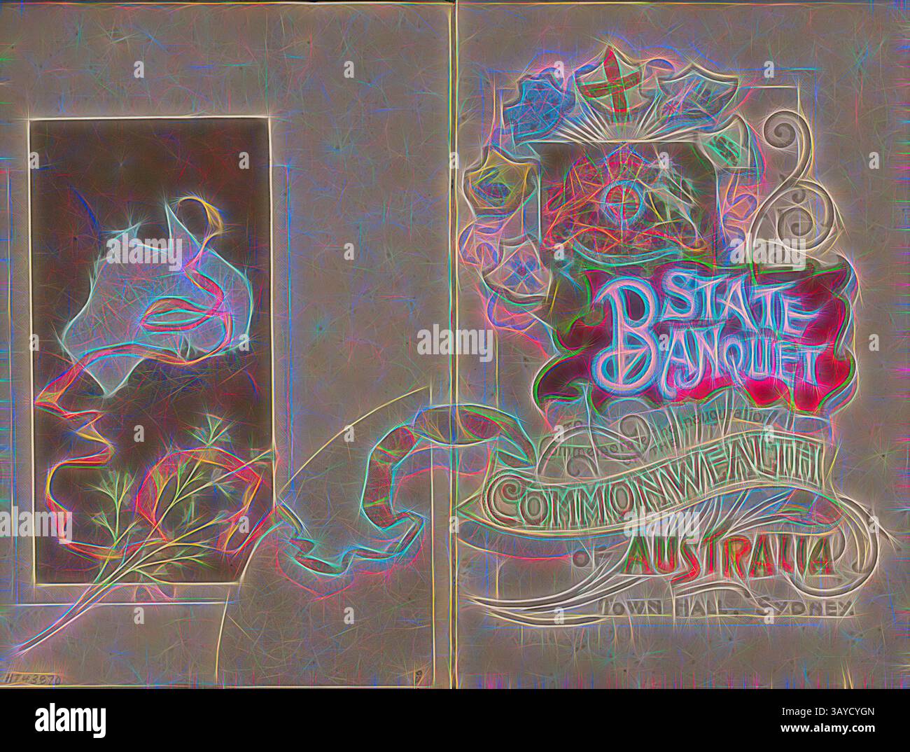 Eine kunstvolle Illustration mit elegantem Schriftzug und komplizierten dekorativen Elementen. Es kündigt ein staatliches Bankett an, das vom Commonwealth of Australia veranstaltet wird und künstlerische Blüten und lebendige Designs präsentiert, die die Bedeutung der Veranstaltung unterstreichen. Die Seite ist mit floralen Motiven und symbolischen Grafiken geschmückt, die eine feierliche Atmosphäre schaffen., Menü - Naval & Military Bankquet, Commonwealth of Australia Inaugural Celebrations, Town Hall, Sydney, 5. Januar 1901, Menü für das Naval and Military Bankett im Sydney Town Hall am 5. Januar 1901. Die Veranstaltung war Teil des Australian Commonwealth Stockfoto