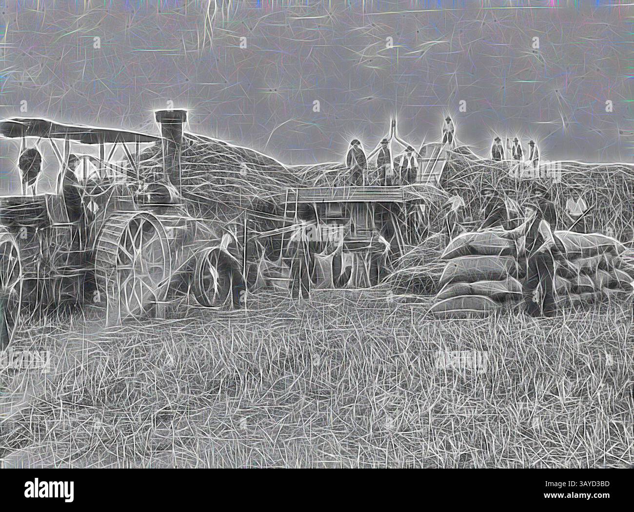 Eine Szene, in der Arbeiter eine dampfbetriebene Dreschmaschine bedienen, umgeben von Stapeln von Erntegut und landwirtschaftlichen Geräten. Die Umgebung spiegelt eine geschäftige, fleißige Atmosphäre einer landwirtschaftlich geprägten Landschaft wider, in der sich mehrere Personen mit dem Dreschen und der Organisation der Ernte beschäftigen. Negativ - Dreschteam mit Aveling & Porter Traction Engine, Bagging Grain & Building a Haystack, Miners Rest, Victoria, 1910, Männer, die Getreide abpacken und Heuhaufen bauen. Es wird ein Dreschwerk von Clayton & Shuttleworth verwendet, das von einem Aveling & Porter Compound-Zweizylinder-Antriebsmotor angetrieben wird Stockfoto