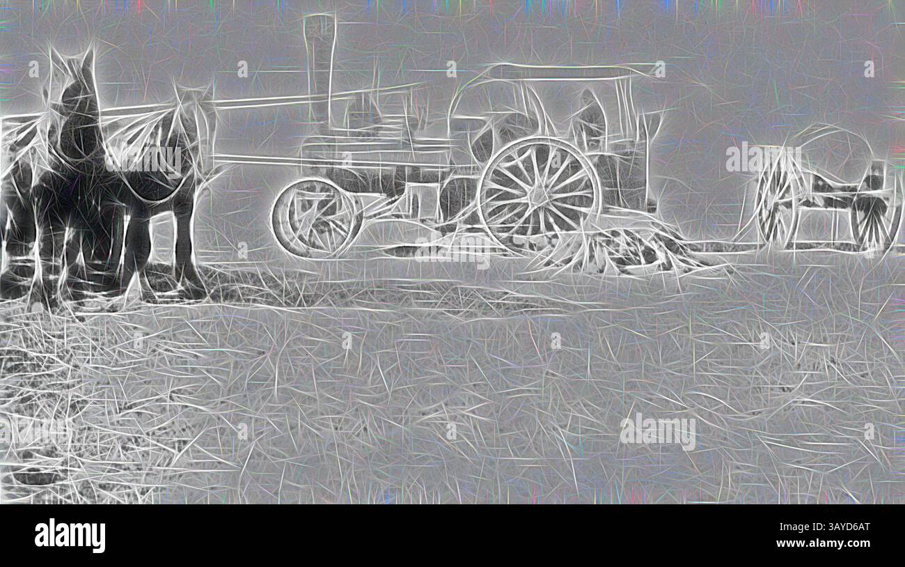 Zwei Pferde stehen neben einem alten dampfbetriebenen Traktor in ländlicher Umgebung, umgeben von Heu und rustikaler Landwirtschaftsausrüstung, die ein Gefühl der Nostalgie für eine vergangene Ära der Landwirtschaft wecken., negativ - Steam Traction Engine in a Field, Coghills Creek, Victoria, 1931, Eine Dampflokomotive in einem Feld., Klassische Kunst mit einer modernen Note, die von Artotop neu interpretiert wurde Stockfoto