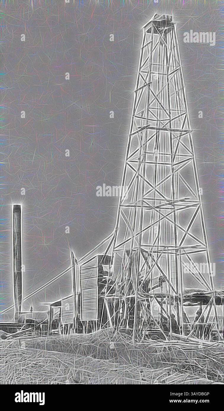 Eine hohe Skelettstruktur erhebt sich vor einem minimalistischen Hintergrund mit miteinander verbundenen Balken und einem unverwechselbaren Turmdesign. Ganz in der Nähe befindet sich ein vertikaler Kamin, der die industrielle Landschaft ergänzt, während schräge Details ein Gefühl von Textur und Bewegung in der gesamten Szene erzeugen. Negativ - Artesian Bore auf der 'Portland Downs' Station, Isisford District, Queensland, um 1915, Artesian Bore auf der 'Portland Downs' Station. Die Dampfmaschine hat einen extrem hohen Trichter. Klassische Kunst mit einem modernen Touch, der von Artotop neu interpretiert wurde Stockfoto
