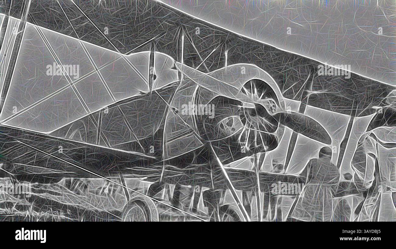 Ein Oldtimer-Flugzeug steht im Vordergrund und zeigt seinen unverwechselbaren Propeller und seine komplizierten strukturellen Details, wobei Personen in der Nähe an der Beobachtung oder Wartung beteiligt sind., negativ - Pilot von Front Wing eines Avro 504-Flugzeugs, Isisford, Queensland, 1920, Nahaufnahme eines Avro 504-Flugzeugs. Der Pilot steht vor dem Flügel., klassische Kunst mit einem modernen Twist, neu interpretiert von Artotop Stockfoto