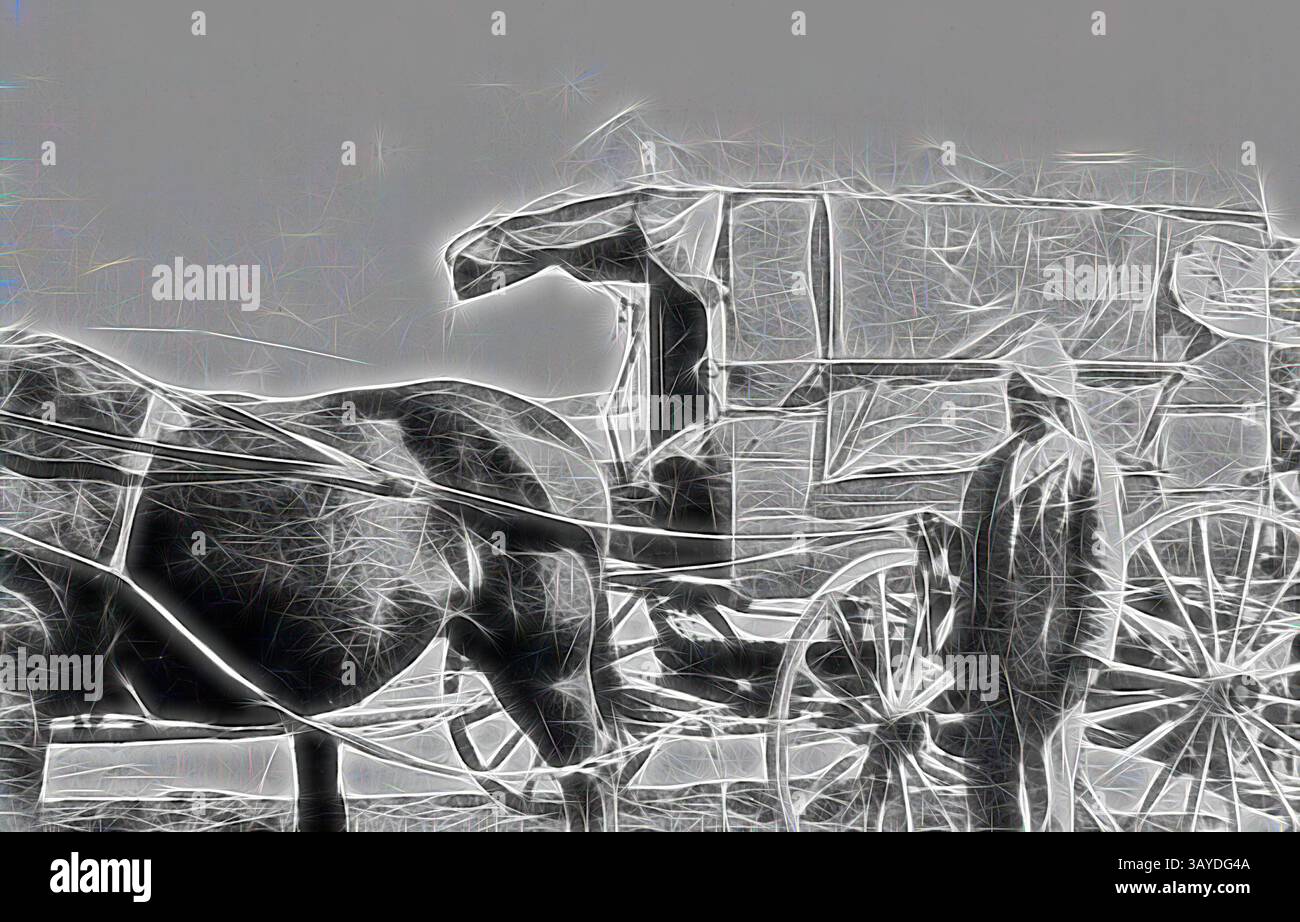 Neben einem Pferd steht eine Vintage-Pferdekutsche, deren Details das klassische Design und den nostalgischen Charme hervorheben. Negativ: Victoria, um 1935, ein indischer Hawker neben seinem Pferdewagen. Klassische Kunst mit einem modernen Touch, neu interpretiert von Artotop Stockfoto