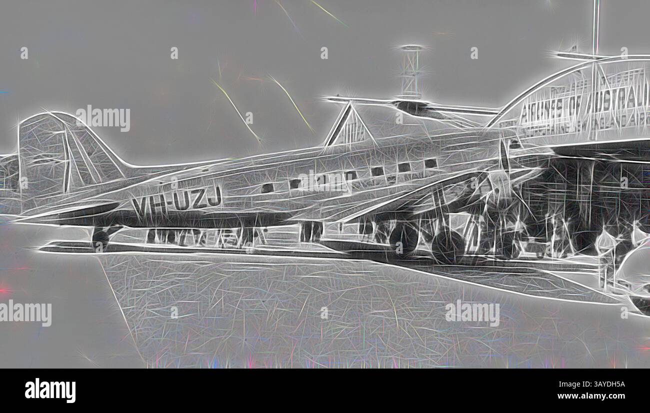 Ein Oldtimer-Flugzeug steht unter dem Schutz eines Terminals und zeigt sein klassisches Design und seinen historischen Charme. Komplexe Linien betonen seine Struktur vor dem Hintergrund eines Flughafens., negativ - Parafield, Adelaide, South Australia, Mai 1939, eine Douglas DC-3 VH-UZJ „Kyilla“, die die Strecke Melbourne-Perth flog. Der Flugzeughangar der Airlines of Australia steht im Hintergrund. Klassische Kunst mit modernem Touch von Artotop neu interpretiert Stockfoto