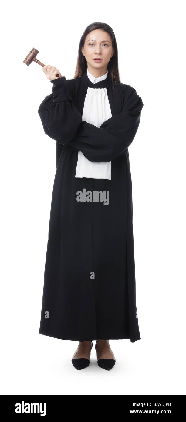 Vollbildnis des Richters mit Hammer auf weißem Hintergrund Stockfoto