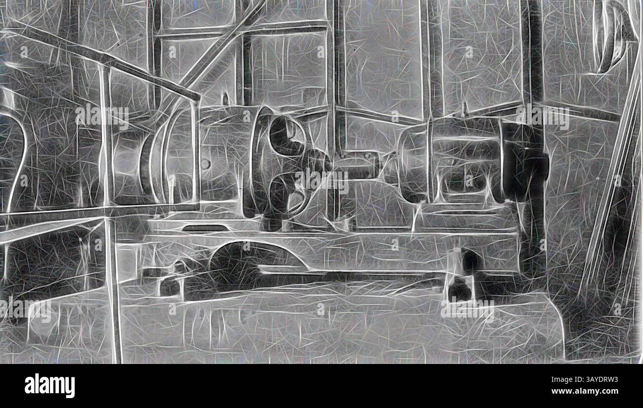 Eine abstrakte Darstellung von Industriemaschinen mit komplizierten Zahnrädern und Mechanismen, hervorgehoben durch scharfe Kontraste und zarte Linien, die Bewegung und Komplexität suggerieren., negativ - Sea Lake, Victoria, um 1920, Ein Generator., Klassische Kunst mit einem modernen Twist, neu interpretiert von Artotop Stockfoto