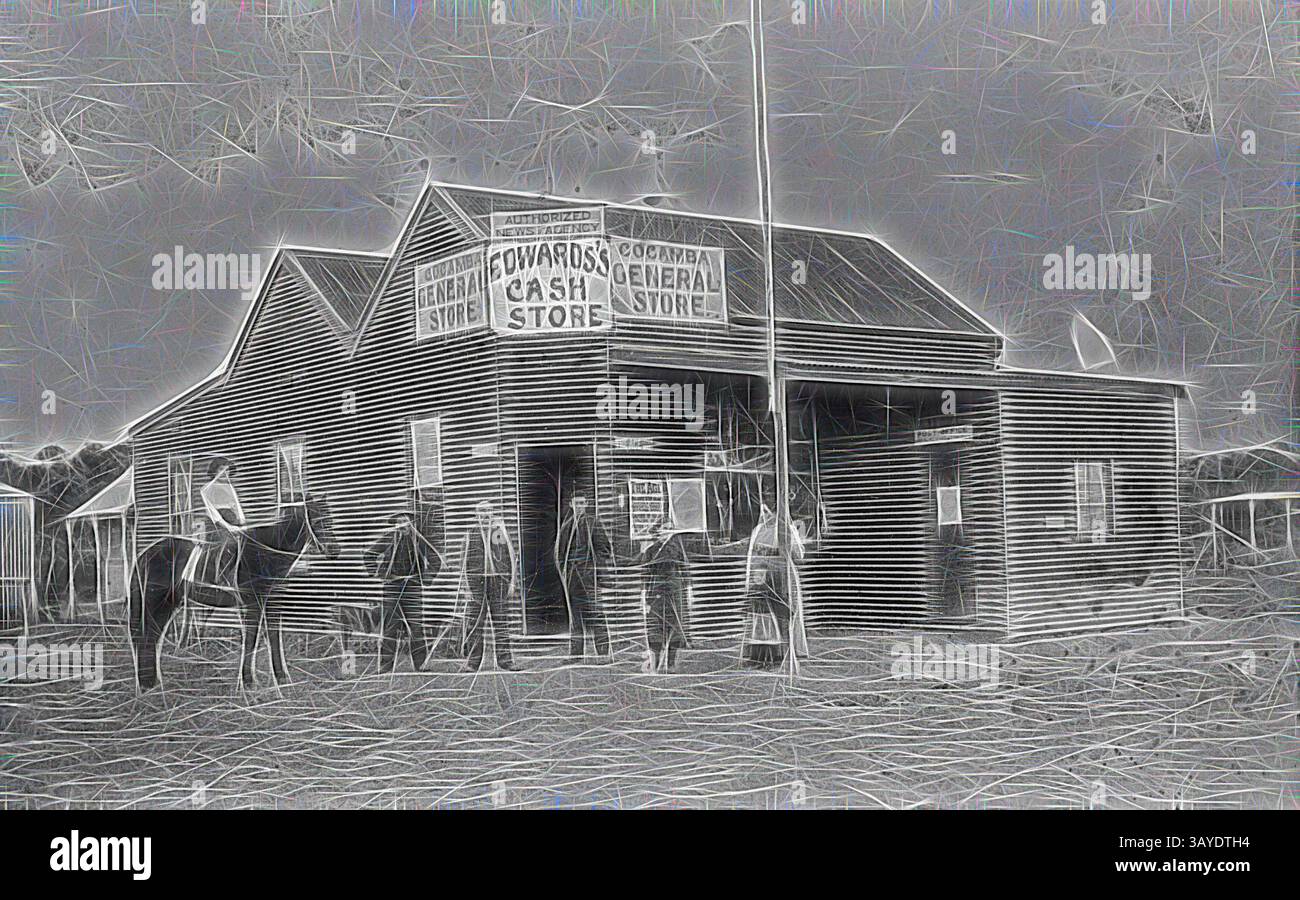 Ein historisches Gemischtwarengeschäft mit rustikaler Fassade, mit Schildern für „Edward's Cash Store“ und „Oconabra General Store“. Eine Gruppe von Menschen und ein Pferd werden draußen gesehen, was einen Eindruck von einer vergangenen Ära in einer kleinen Stadt vermittelt. Negativ: Cocamba, Victoria, 1914, Eine Gruppe von Menschen vor Edwards's Cash Store, dem Cocamba General Store. Auf der linken Seite befindet sich eine Frau zu Pferd. Klassische Kunst mit einem modernen Twist, neu interpretiert von Artotop Stockfoto