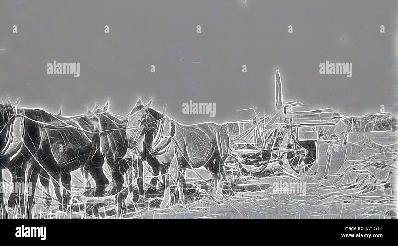 Eine Gruppe von Pferden steht in der Nähe einer alten Pflugausrüstung, umgeben von einer rustikalen Landschaft, die ein Gefühl der Nostalgie für die traditionelle Landwirtschaft weckt. Negativ - Natya West, Victoria, um 1935, Bagging Grain aus einem von Pferden gezogenen Sunshine Harvester., Klassische Kunst mit einem modernen Twist, neu interpretiert von Artotop Stockfoto