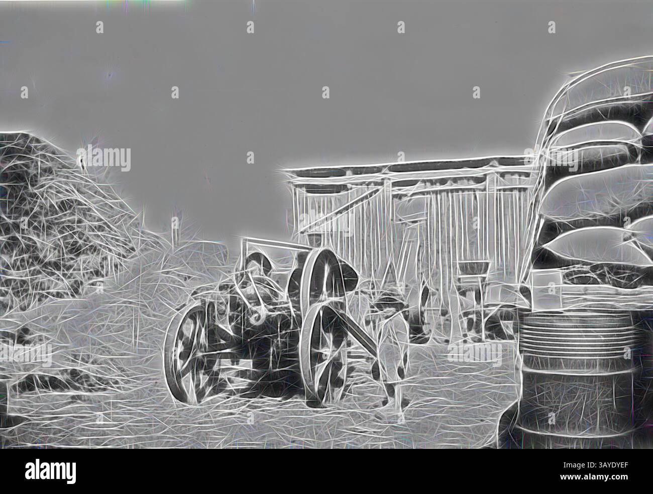 Ein Vintage-Traktor befindet sich in einer rustikalen Umgebung, umgeben von Bauernhöfen und verschiedenen Maschinen, die einen Eindruck von ländlicher Geschichte und landwirtschaftlichem Erbe erwecken. Die Szene vermittelt einen ruhigen, zeitlosen Charme. Negativ: Kulwin, Victoria, um 1925, Reinigung von Weizen, ein Ronaldson & Tippett Ölmotor. Neben dem Motor befindet sich ein Kind. Klassische Kunst mit einem modernen Twist, der von Artotop neu interpretiert wurde Stockfoto