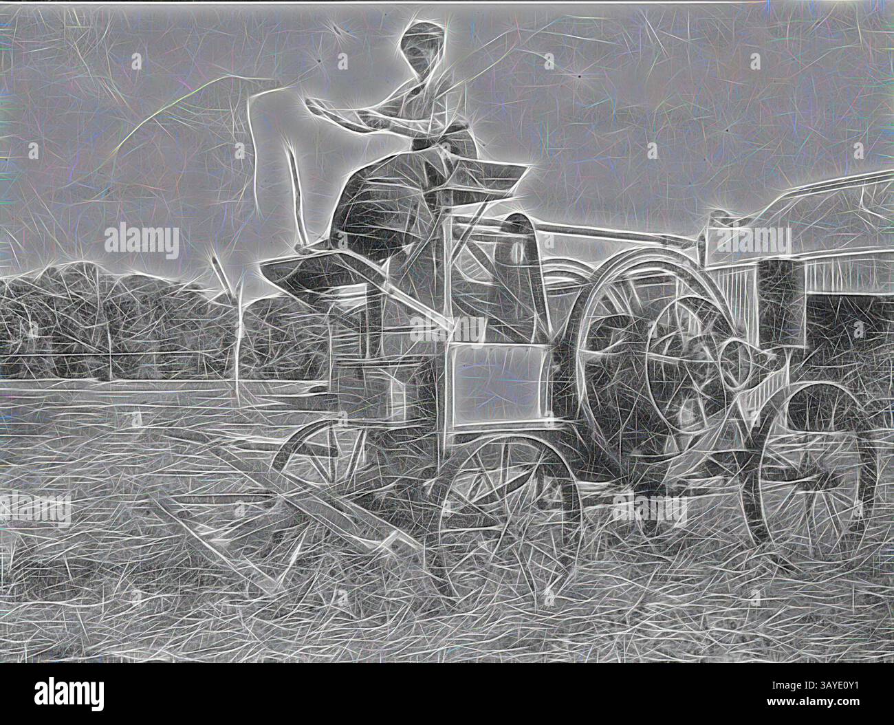 Eine alte landwirtschaftliche Szene mit einer Person, die geschickt einen großen, mechanisierten Erntemaschine auf einem Feld bedient und traditionelle landwirtschaftliche Techniken zeigt. Negativ - Euston District, New South Wales, um 1915, Frau, die vorgibt, einen Wagen auf der Station „Prill Park“ zu fahren. Auf der Rückseite des Wagens befindet sich ein Motor von unbekanntem Zweck. Klassische Kunst mit einem modernen Twist, der von Artotop neu interpretiert wurde Stockfoto