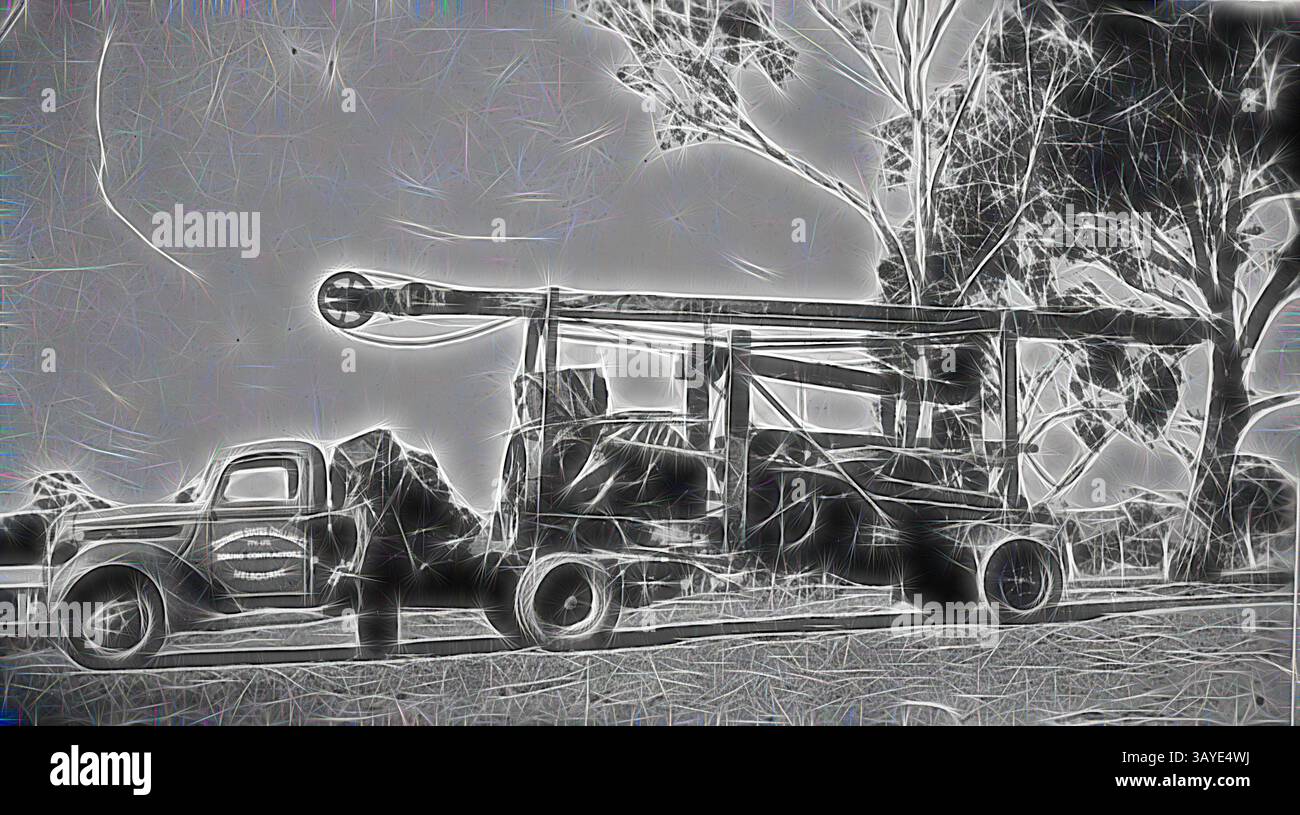 Ein altmodischer Truck mit einem großen Oldtimer-Flugzeugmotor, umgeben von hohen Bäumen und offenem Himmel, der ein Gefühl von Nostalgie und Abenteuer weckt. Negativ - Albury District, New South Wales, um 1937, Ein Ford-Truck der Southern States Drilling Company, der ein tragbares Bohrgerät zieht. Klassische Kunst mit einem modernen Twist, neu interpretiert von Artotop Stockfoto