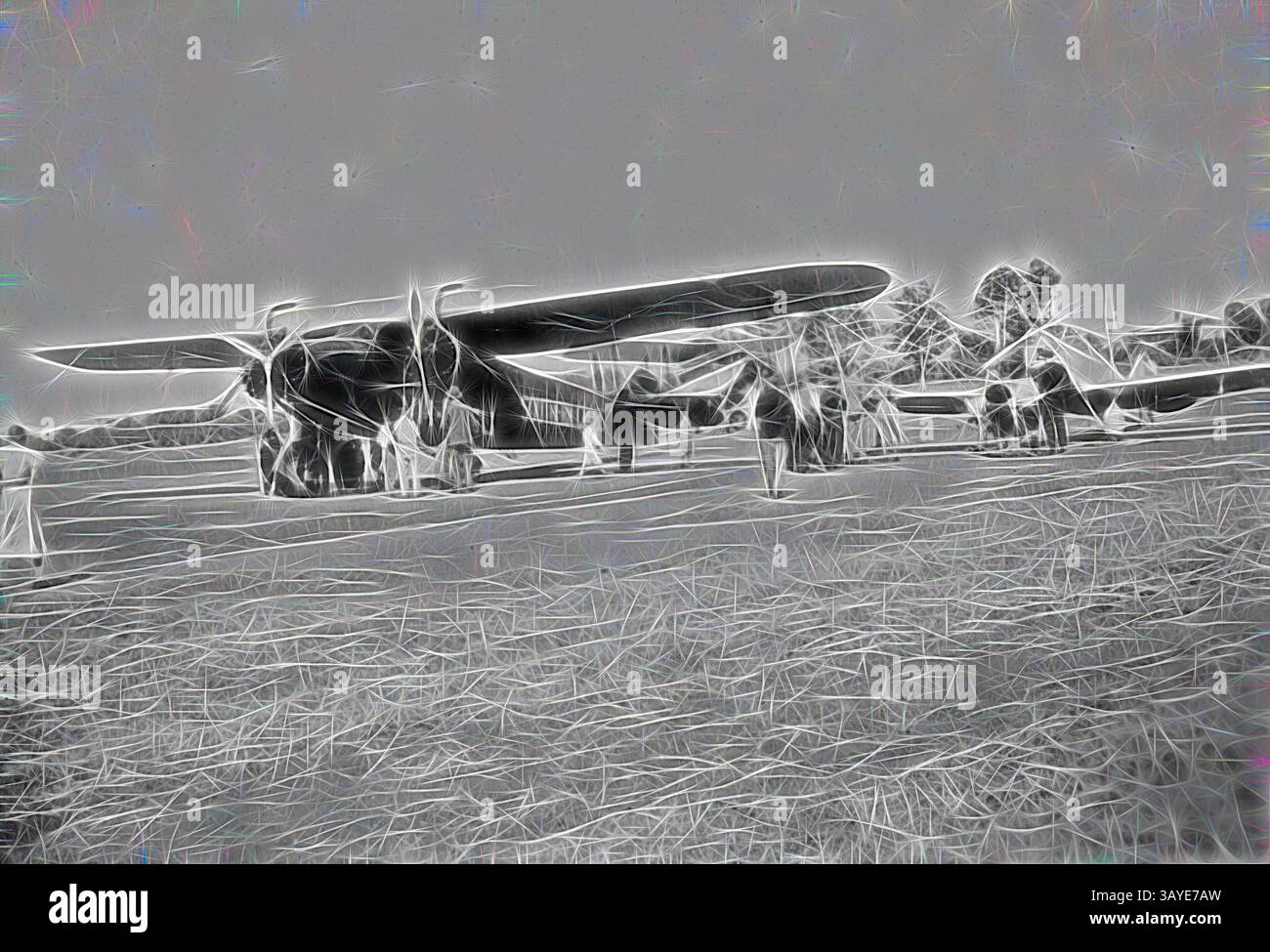 Ein Oldtimer-Flugzeug steht stolz auf einem weitläufigen Feld, umgeben von Figuren, die ein Gefühl von Nostalgie hervorrufen. Die Szene fängt einen Moment der Luftfahrtgeschichte ein. Die markante Silhouette des Flugzeugs steht im Kontrast zum Horizont. Negativ: Mildura, Victoria, 1933, das „Südkreuz“ in Mildura. Zwei weitere Flugzeuge sind im Blick. Rechts vom 'Southern Cross' befindet sich eine Percival Gull., klassische Kunst mit einer modernen Note, die von Artotop neu interpretiert wurde Stockfoto