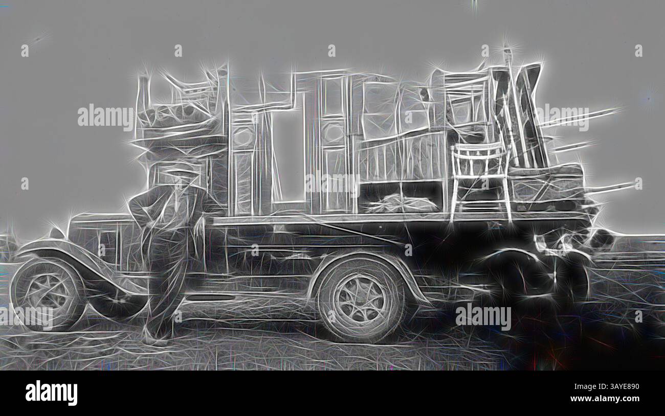 Ein Vintage-Truck ist mit verschiedenen Holzmöbeln beladen, während eine Person daneben steht, in Kleidung gekleidet, die auf eine vergangene Ära hinweist und der Szene ein Gefühl von Nostalgie verleiht., negativ - Ginquim, Victoria, 1938, Ein Truck voller Haushaltswaren, als die Holzfamilie von ihrer Farm in Ginquim auf eine in Werrimull South zog., Klassische Kunst mit einem modernen Twist von Artotop neu interpretiert Stockfoto