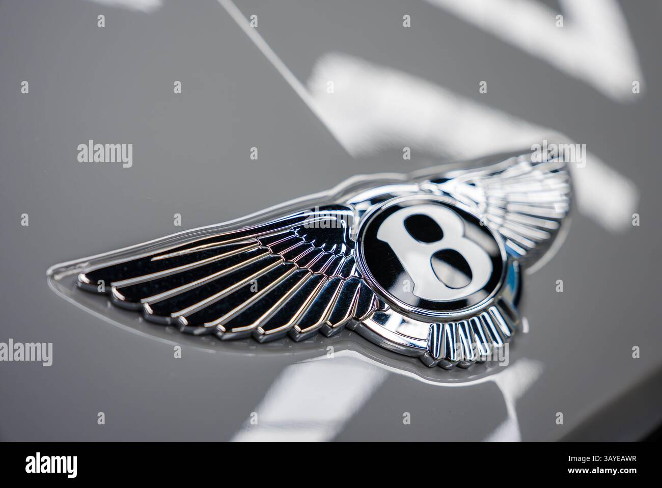 Nahaufnahme des Bentley-Logos mit silbernen Flügeln auf reflektierender Oberfläche Stockfoto