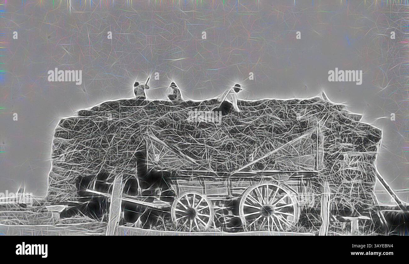 Eine rustikale Szene zeigt zwei Figuren, die auf einem großen Heuhaufen arbeiten, während ein alter Holzwagen im Vordergrund steht und den Charme des traditionellen Landlebens zeigt. Negativ - Bundalong District, Victoria, Post 1930, drei Männer bauen einen Heuhaufen. Klassische Kunst mit modernem Touch von Artotop neu interpretiert Stockfoto