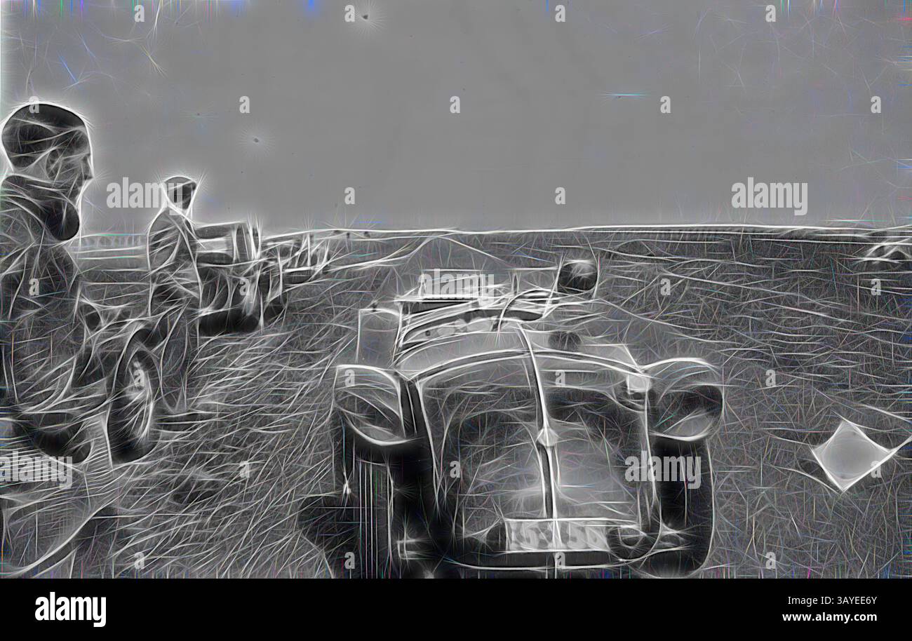 Ein Oldtimer-Rennwagen parkt in einer zerklüfteten Landschaft, und einige Figuren, die in historischen Gewändern gekleidet sind, beobachten die Szene. Die Atmosphäre ist angespannt vor Vorfreude und fängt den Geist einer vergangenen Ära des Motorsports ein. Negativ - Bacchus Marsh, Victoria, 1937, Bild aufgenommen am 19. September 1937. Das Bild zeigt eine Veranstaltung des Riley Motor Club of Australia (dieser Club war von Juli 1936 bis Dezember 1937 geöffnet, aber 1958 wurde ein neuer Club mit demselben Namen gegründet). Die Veranstaltung ist ein Sprint von 800 m auf der offenen Straße zwischen Bacchus Marsh und Gisborne, klassische Kunst mit einem modernen Touch neu interpretiert Stockfoto