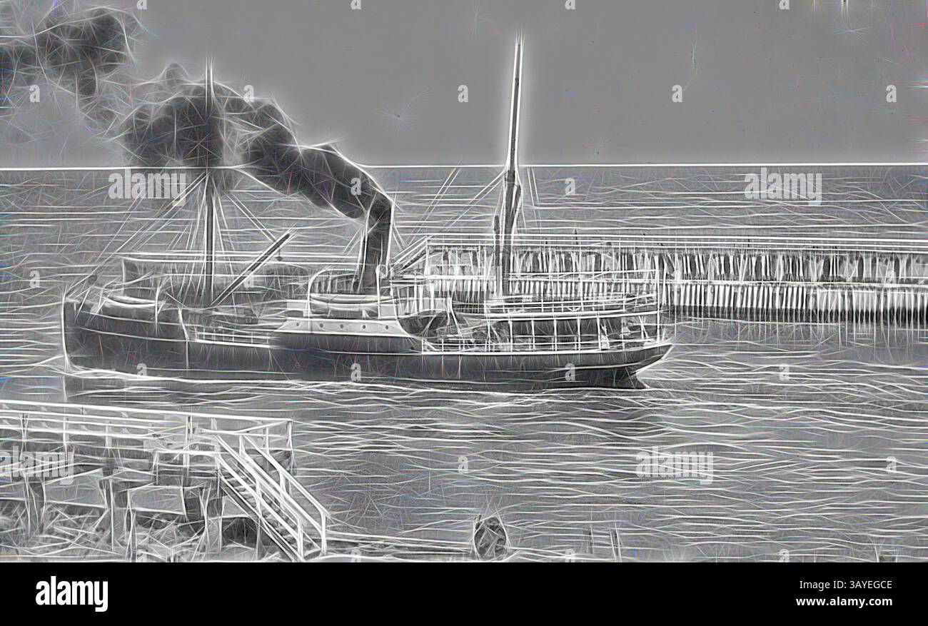 Ein klassisches Dampfschiff ragt durch ruhiges Wasser, mit Rauchwolken aus seinem Stapel, während sich ein robuster Pier entlang des Horizonts erstreckt. Negativ - Lakes Entrance, Victoria, um 1920, die SS Wyrallah verlässt den Lakes Entrance. Im Hintergrund befindet sich ein Pier. Klassische Kunst mit modernem Touch, neu interpretiert von Artotop Stockfoto