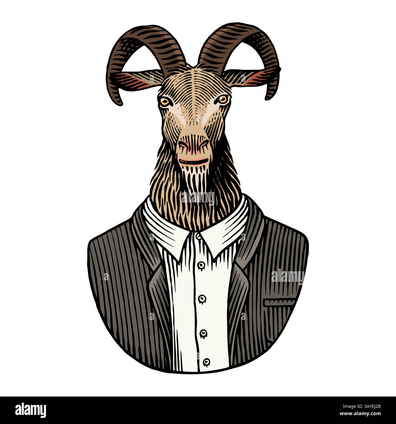 Ein Ziegenmann im Anzug. Handgezeichneter Tiercharakter mit Hörnern in menschlicher Kleidung für Bierflaschen oder Webdesign. Anthropomorphes Zeichentricktier Stock Vektor