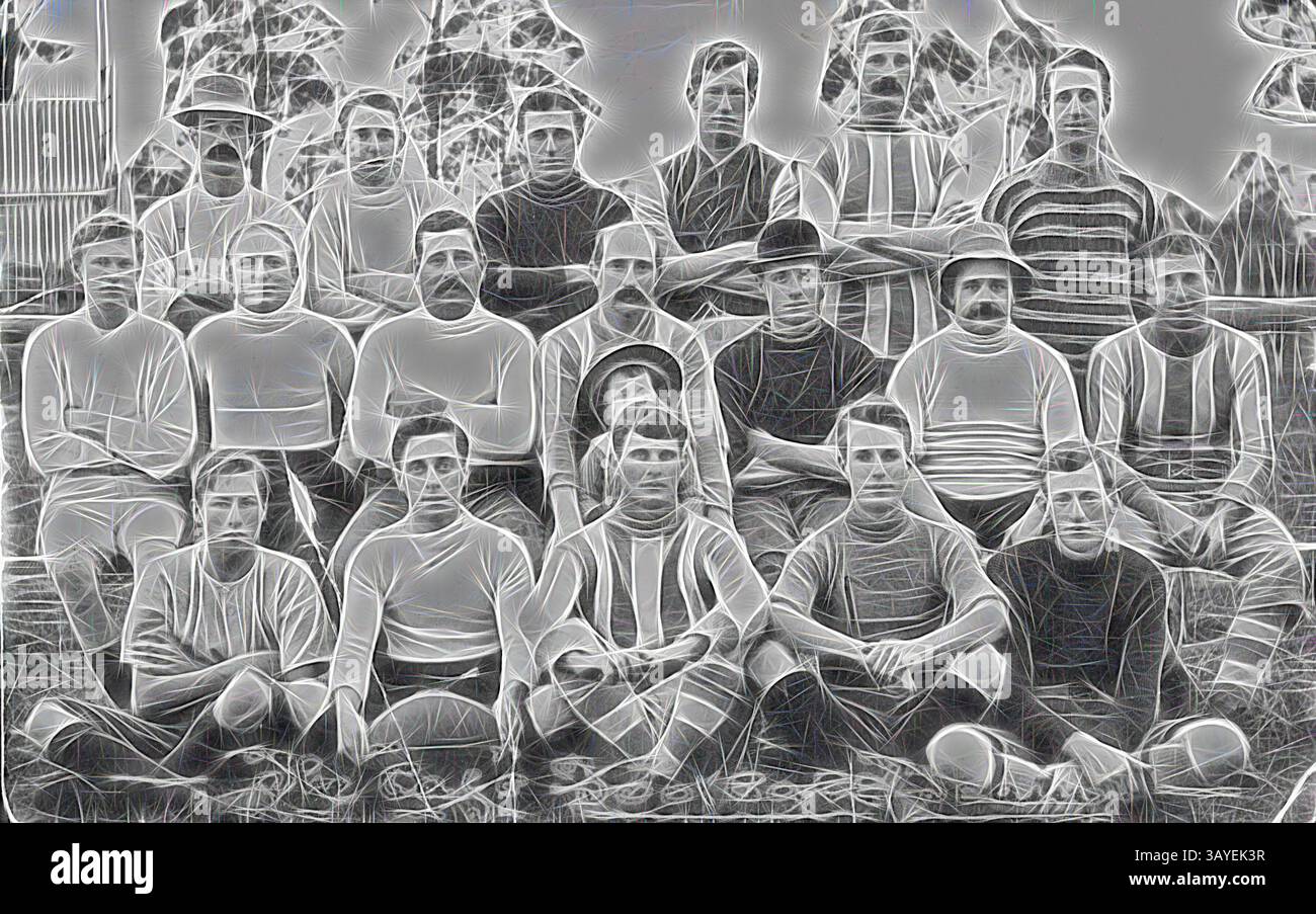 Ein Vintage-Sportteam posiert für ein Gruppenporträt und zeigt ihre Uniformen und Kameradschaft. Die Mitglieder zeigen eine Reihe von Ausdrücken, die ein Gefühl von Teamarbeit und Geist aus einer vergangenen Zeit hervorheben. Negativ - Mirboo, Victoria, vor 1914, The Mirboo Cafe Football Team., Klassische Kunst mit einem modernen Touch, neu interpretiert von Artotop Stockfoto