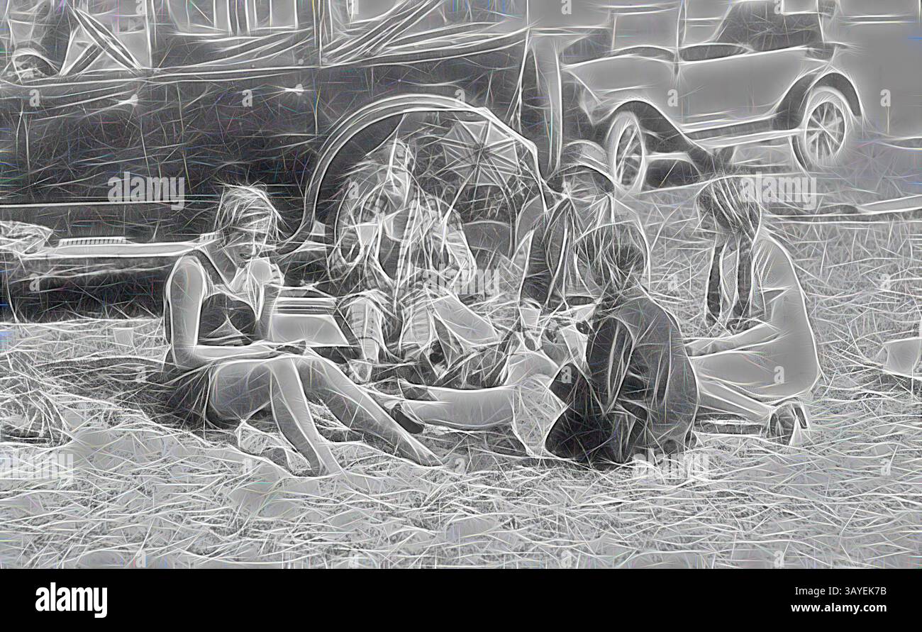 Eine Gruppe von Frauen sitzt in einem Kreis auf dem Boden und genießt ein Picknick. Sie sind von Oldtimern umgeben und unterhalten sich mit einer Person, die einen Sonnenschirm hält. Die Szene fängt einen Moment der Freizeit und Kameradschaft in einer entspannten Outdoor-Umgebung ein. Negativ - Portland, Victoria, um 1928, Mitglieder der Read-Familie picknicken am Strand. Es gibt zwei Autos im Hintergrund. Klassische Kunst mit einem modernen Touch, der von Artotop neu interpretiert wurde Stockfoto