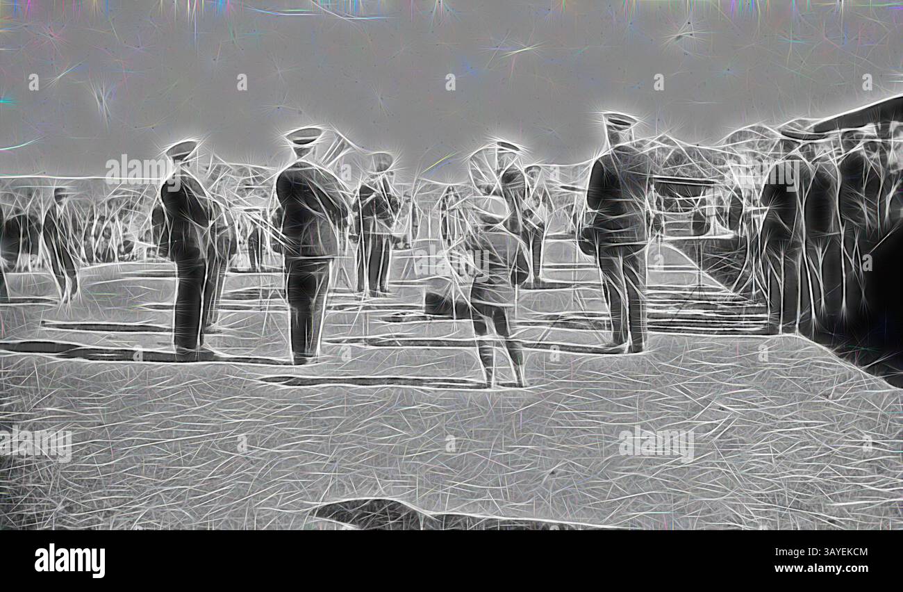Eine Gruppe von Figuren in formaler Kleidung steht in einer militärischen Formation, während andere von der Seite aus beobachten. Die Szene ist angespannt und feierlich, was auf eine Zeremonie oder Hommage hindeutet, mit einem Schwerpunkt auf Regalität und Disziplin. Negativ - Balmoral, Victoria, um 1920, Eine Band, die auf der Balmoral Agricultural Show spielt., Klassische Kunst mit einem modernen Touch, neu interpretiert von Artotop Stockfoto