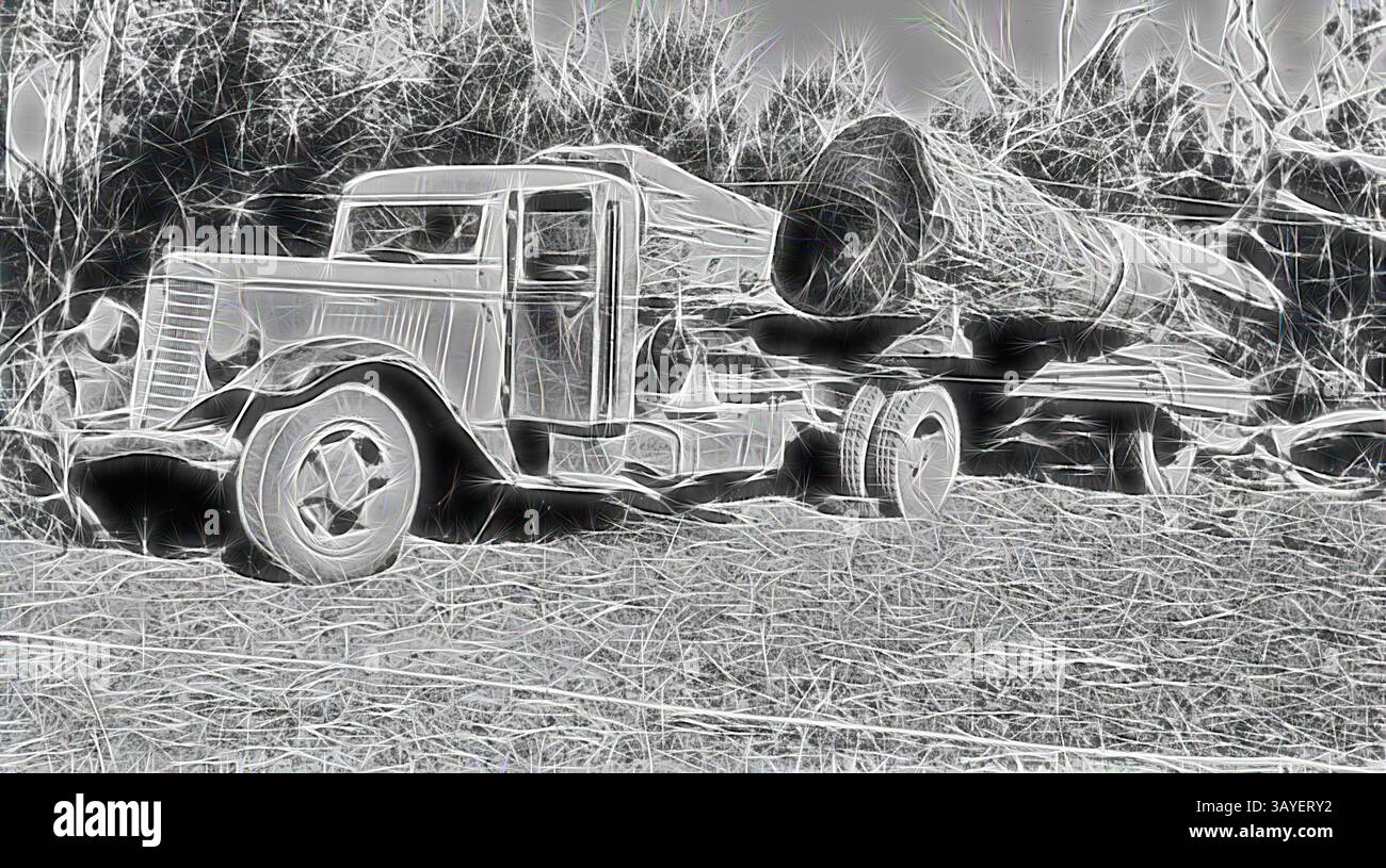 Ein alter Truck mit einem großen Baumstamm liegt vor einer waldreichen Kulisse. Die zerklüfteten Strukturen und Linien betonen das Alter und die natürliche Umgebung. Negativ: Chetwynd District, Victoria, 1937, Rowe's Sawmill in Edenhope. Internationaler Lkw der C-Serie, klassische Kunst mit modernem Touch, neu interpretiert von Artotop Stockfoto