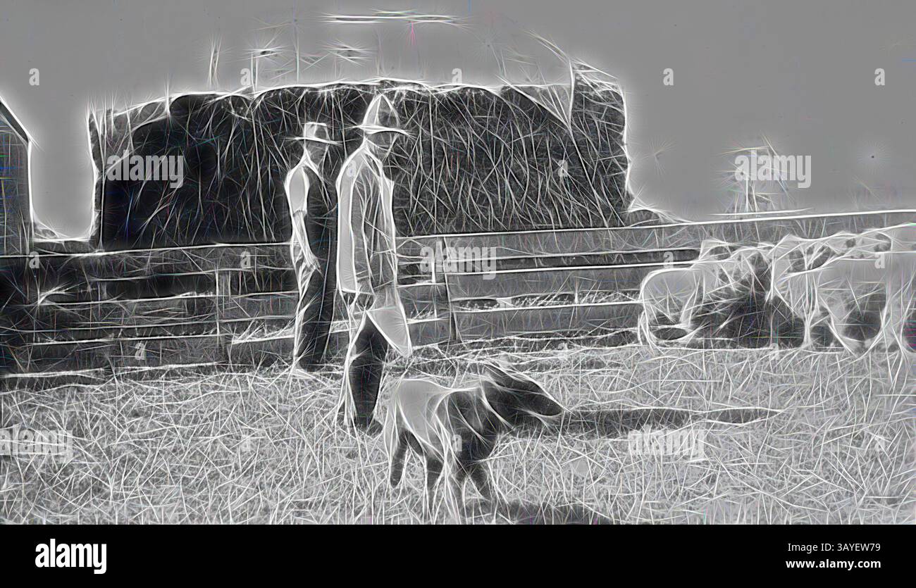 Zwei Männer mit Hüten gehen neben einem Hund auf einem grasbewachsenen Feld, mit einem großen Heuballen und einer Herde von Kühen im Hintergrund, was eine rustikale Bauernszene schafft., negativ - Nareen District, Victoria, 1926, zwei Männer und ihr Hund in einem Stall mit einer Schafherde. Im Hintergrund befindet sich ein Heuhaufen, der von einer Plane bedeckt ist. Klassische Kunst mit modernem Touch, neu gestaltet von Artotop Stockfoto