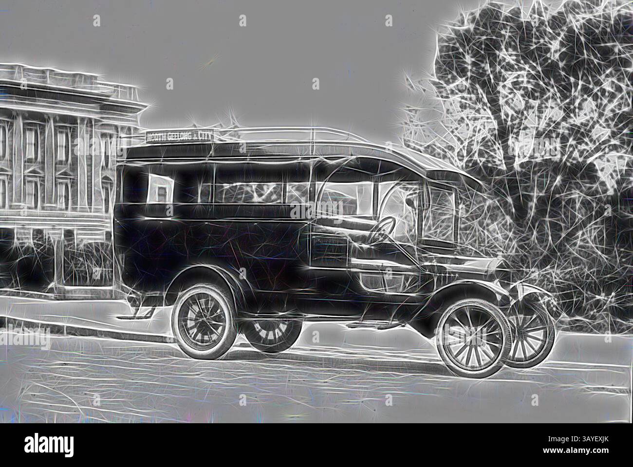 Ein klassisches Auto parkt neben einem eleganten Gebäude vor einem Hintergrund von Bäumen. Das Fahrzeug mit seinem klassischen Design und seinen unverwechselbaren Merkmalen spiegelt eine Ära des Charme und der Handwerkskunst des frühen 20. Jahrhunderts wider. Negativ: Geelong, Victoria, um 1920, North Geelong & City Bus. Das Fahrzeug ist ein Modell T Ford., klassisches Design mit einem modernen Touch, das von Artotop neu interpretiert wurde Stockfoto