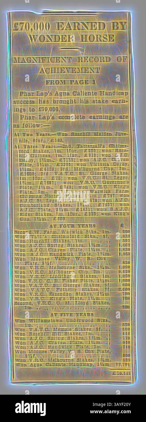 Eine Vintage-Rennankündigung, in der die beeindruckenden Gewinne und Leistungen eines bemerkenswerten Pferdes beschrieben werden. Der Text skizziert verschiedene Aufzeichnungen und Statistiken und hebt die bemerkenswerte Leistung des Pferdes und die Beiträge zum Sport hervor., Zeitungsschnitt - Phar Lap's Career Earnings, 1932, dieser Zeitungsschnitt, aus einer unbekannten Zeitung, listet die gesamten Karriereeinnahmen für Phar Lap auf, nachdem er 1932 das Agua Caliente Handicap gewonnen hatte. Es ist Teil einer Gruppe, die vom Vater des Stifters Malcolm William Lucas (21/02/1898 - 31/10/1985) gesammelt wurde., Klassische Kunst mit einem modernen Twist von Artotop Stockfoto