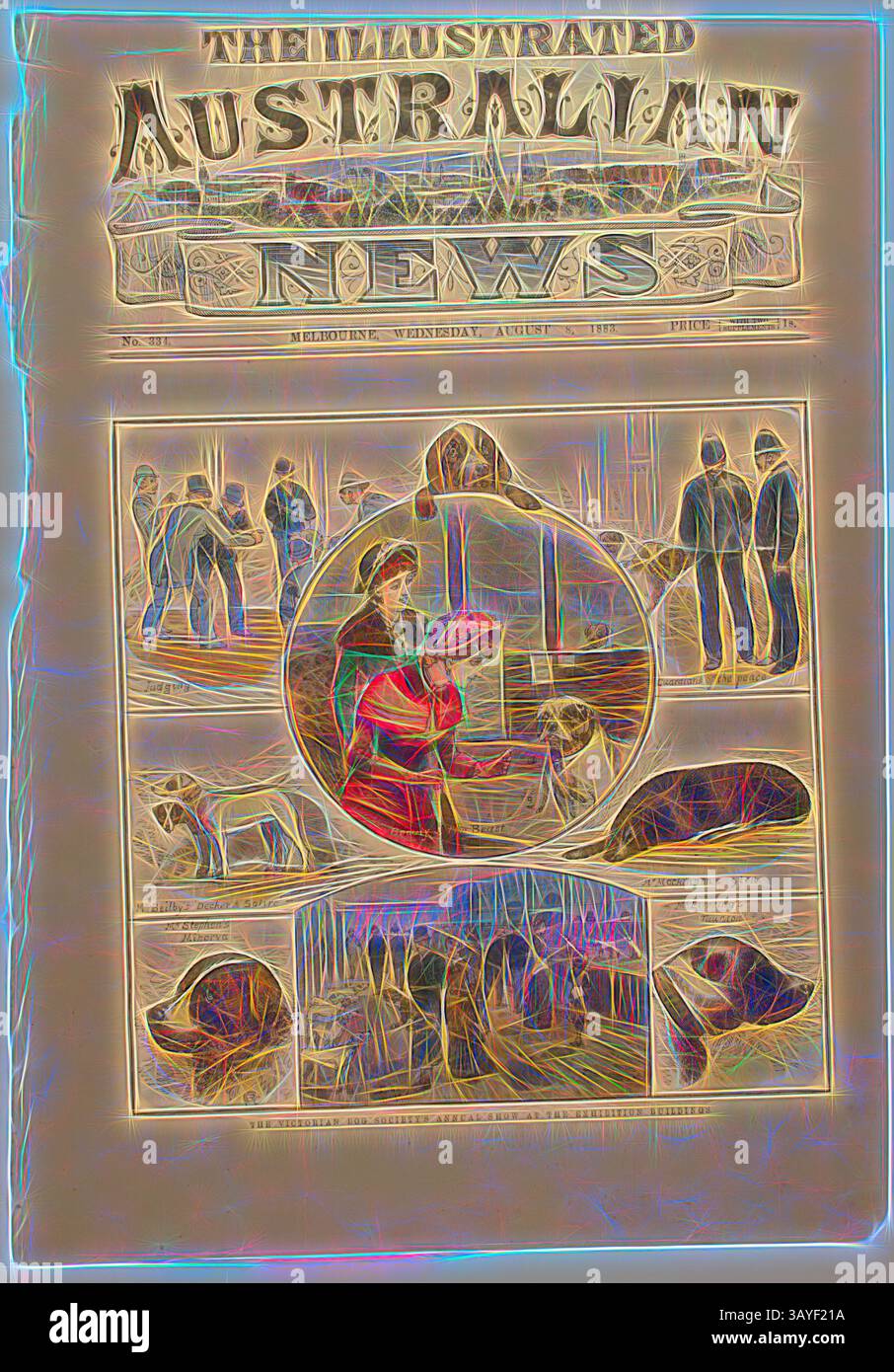 Ein Vintage-Magazin-Cover zeigt eine Vielzahl von Illustrationen, die Themen mit Hunden zeigen, darunter Szenen, in denen Menschen mit Hunden interagieren. Die zentrale Illustration zeigt eine Frau, die liebevoll einen Hund hält, während kleinere Tafeln verschiedene Hunderassen und Aktivitäten darstellen und die Verbindung zwischen Menschen und ihren Hundegefährten hervorheben., Zeitungsschnitt - "The Victorian Dog Society's Annual Show at the Exhibition Buildings", The Illustrated Australian News, Melbourne, 8. August 1883, Titelseite der Illustrated Australian News, # 334, Mittwoch, 8. August 1883, mit Szenen auf der Stockfoto
