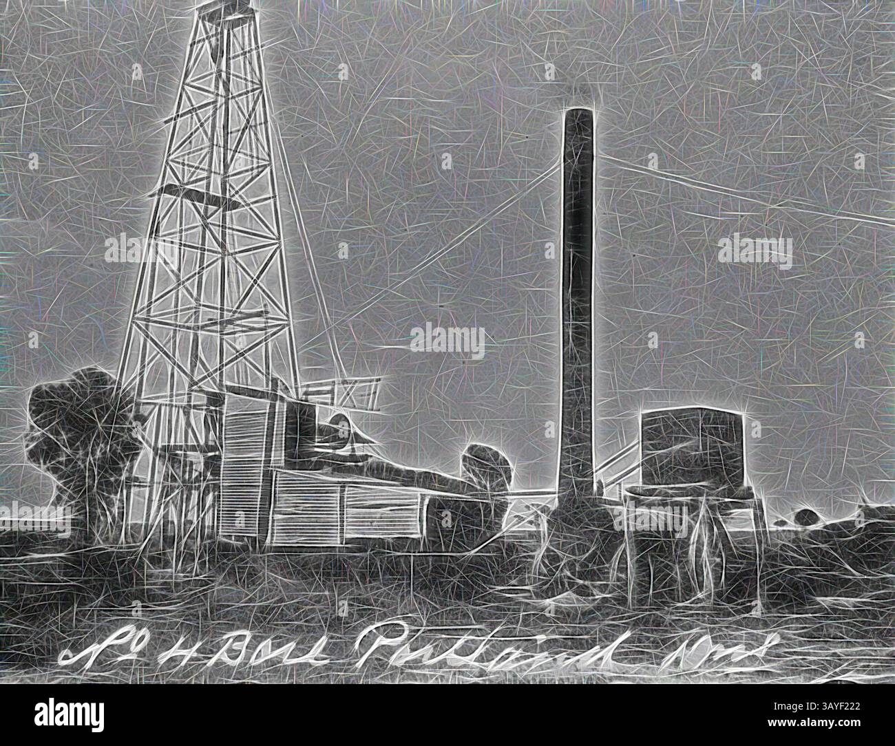 Ein hohes Bohrgerät steht neben einem zylindrischen Schornstein, umgeben von Industriebauten. Die Szene vermittelt einen Eindruck von Geschichte und schweren Maschinen, mit einer handschriftlichen Notiz am unteren Rand, die 'Oil House Port and Mine.', negativ - 'No.4 Bore Portland DNS', Isisford District, Queensland, um 1915, No.4 artesian Bore on 'Portland Downs' Station. Die Dampfmaschine auf der rechten Seite hat einen extrem hohen Trichter. Klassische Kunst mit einem modernen Twist von Artotop Stockfoto