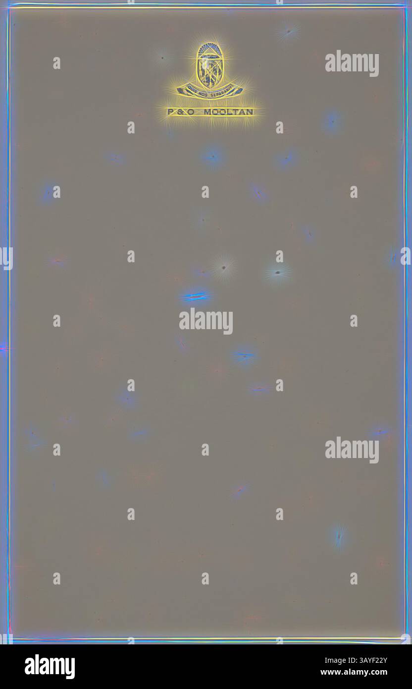 Eine glatte Oberfläche mit verstreuten bunten Flecken und einem Logo in der oberen Mitte mit der Aufschrift 'P&O MOULTAN.', Notizpapier - SS Mooltan, P&O Lines, ca. 1950er Jahre, 36 Blatt Notizpapier für die Korrespondenz der Passagiere an Bord der SS Himalaya. Es wurde von Margaret Wood während ihrer eigenen Urlaubsreise gesammelt, nicht als Teil ihrer Arbeit für das Einwanderungsministerium. Es ist Teil einer Sammlung von Souvenirs an Bord, die Margaret Wood von 1951 bis 1960 im Department of Immigration gesammelt hatte. Margaret arbeitete zunächst in der klassischen Kunst mit modernem Touch, die von Artotop neu interpretiert wurde Stockfoto