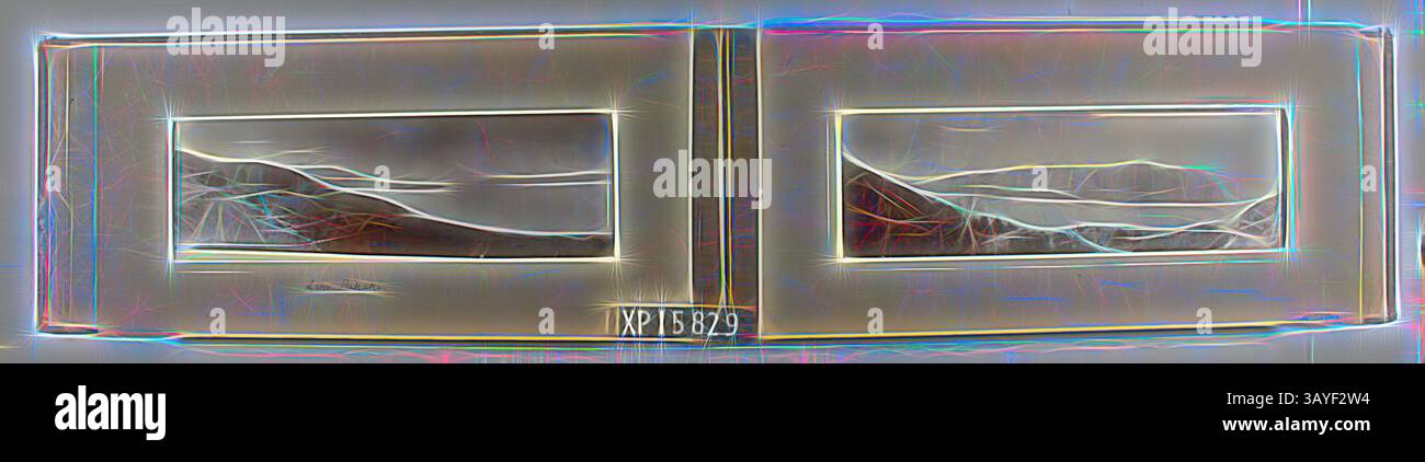 Zwei Tafeln zeigen abstrakte Landschaften mit hügeligen Hügeln und ruhigen Horizonten, die mit dynamischen Linien und Mustern verflochten sind, die Bewegung und Tiefe suggerieren., Album, Sammlung von 24 Landschaftspanoramen, der Südinsel Neuseelands. Die Sammlung ist eine Gruppe von Reisefotos, die höchstwahrscheinlich von Walter Baldwin Spencer aufgenommen wurden. Die Handschrift wurde Spencer zugeschrieben, basierend auf einem Vergleich seiner Handschrift mit Beispielen aus seinen Manuskript- und Fotosammlungen. Klassische Kunst mit modernem Twist, neu interpretiert von Artotop Stockfoto